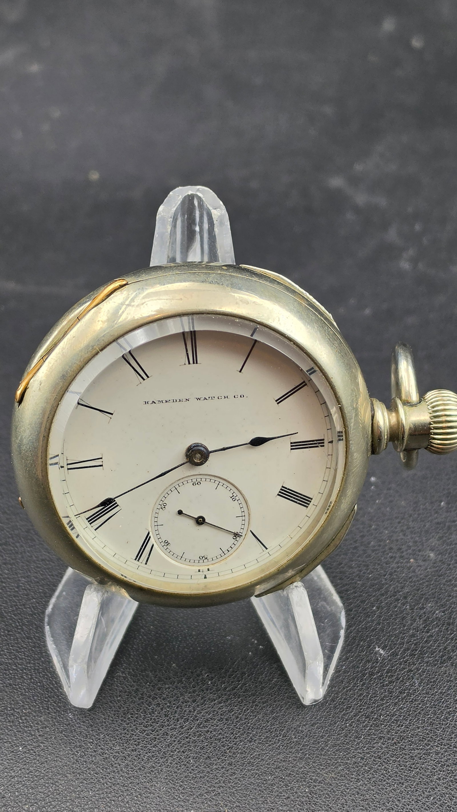 1878 Hampden Watch Co. Springfield Mass Grade Springfield 18s Sidewinder Pocket Watch Silveroid Case: This is a genuine early Hampden Watch Co. pocket watch produced in Springfield, Massachusetts, estimated to 1878 based on serial number 104009 — placing it firmly in the original Springfield factory