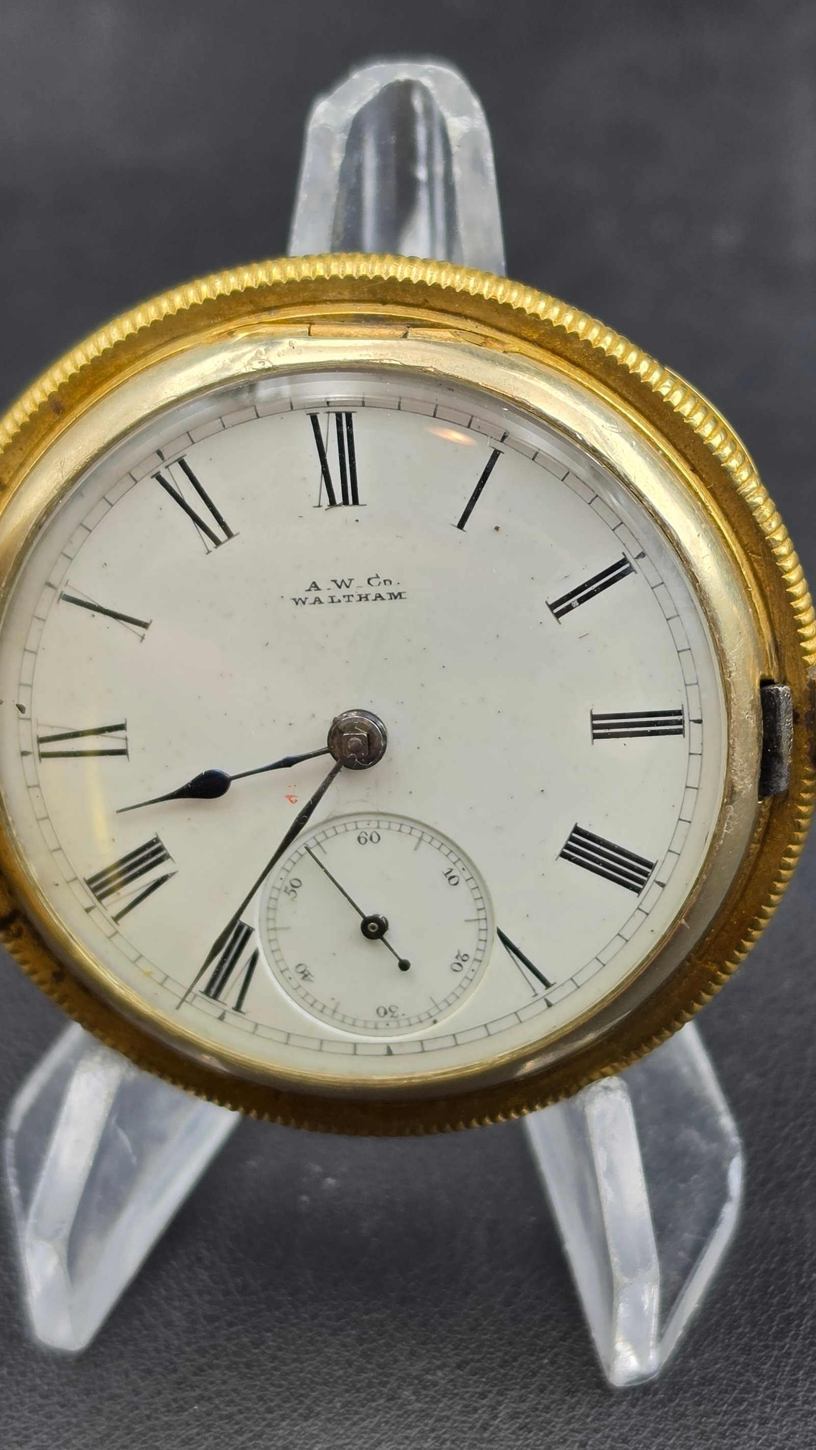 1883 Waltham Broadway Grade 18s 7J Key Wind Pocket Watch Gold Tone Hunter Case Engine Turned A.W. Co (1 of 9)