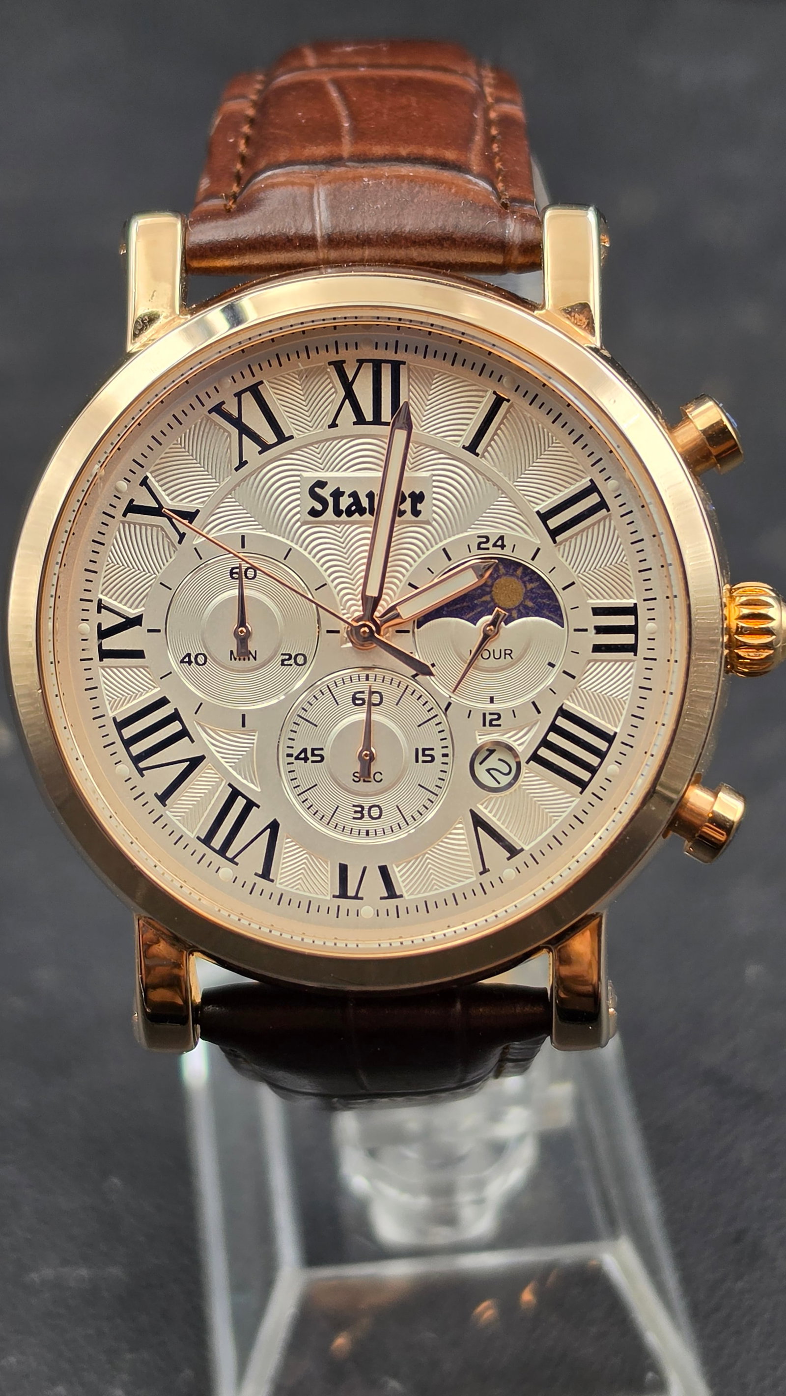 Stauer Model 66009 Chronograph Moonphase Guilloche Dial Gold Tone Roman Numeral 45mm 2015 (1 of 9)