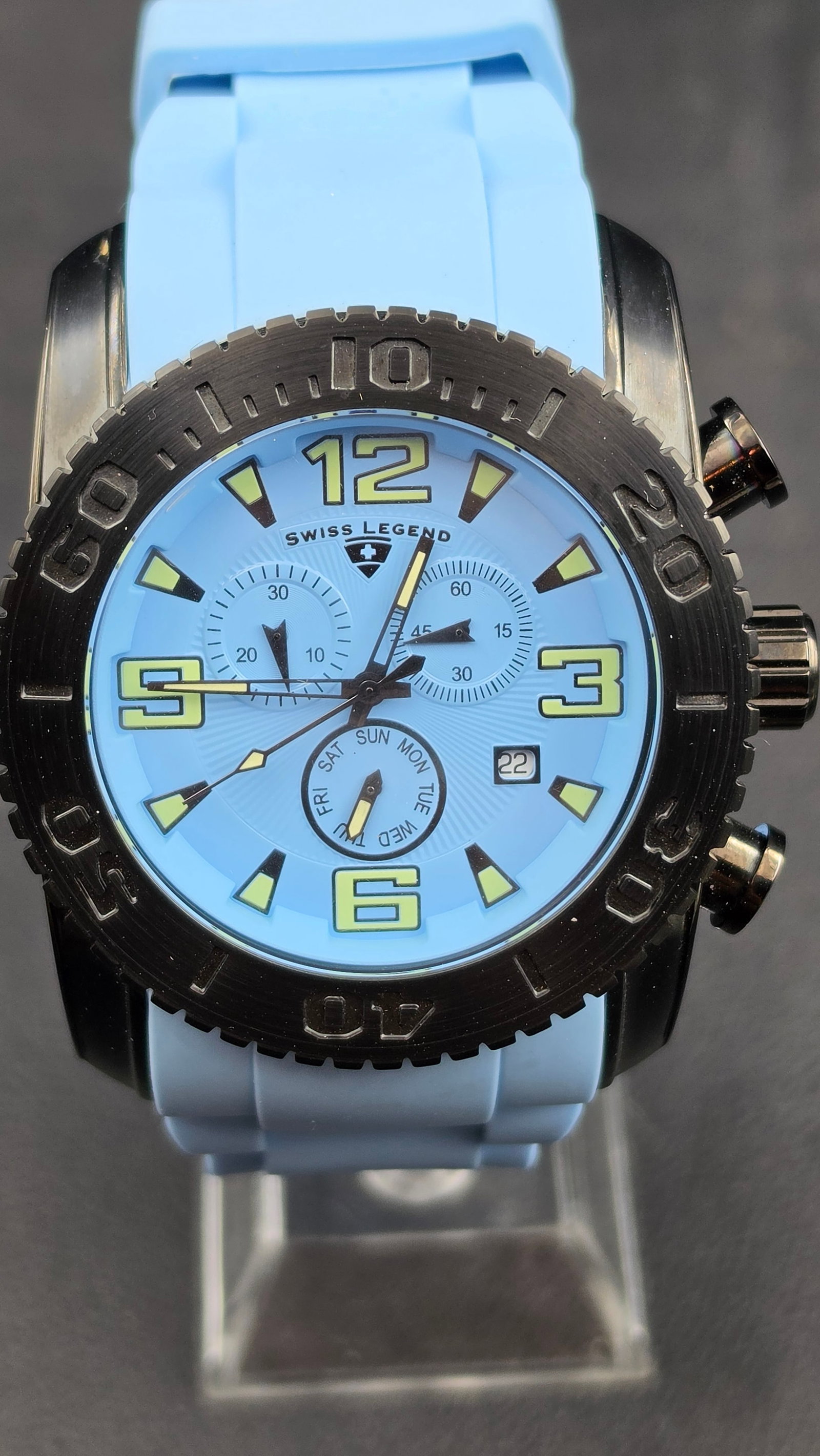 Swiss Legend Commander Chronograph Light Blue Dial Black IP Swiss Made Watch circa 2010s (1 of 9)