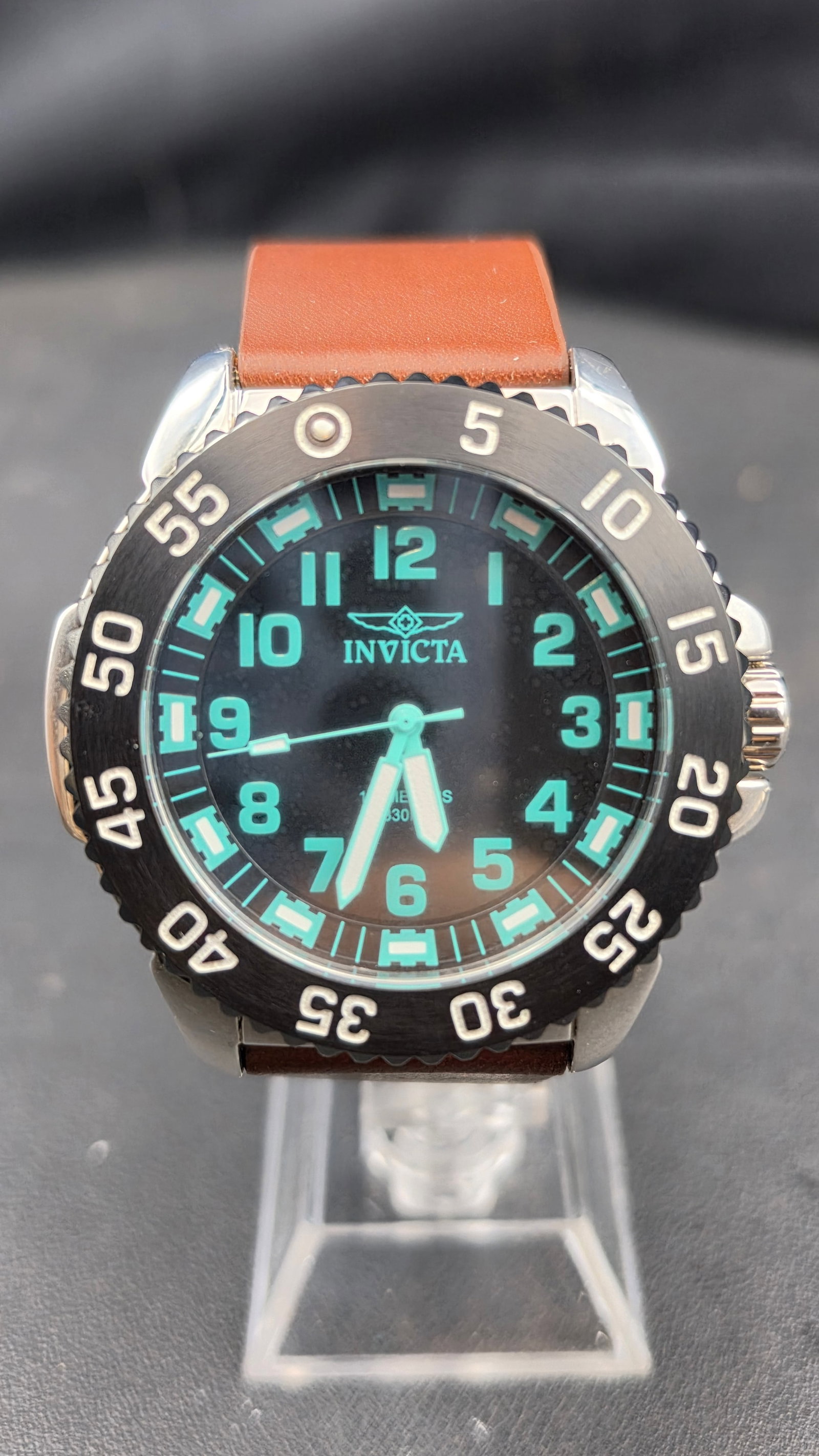 Invicta Sea Base 1099 Tritnite Teal Lume Black Dial Swiss Parts Leather Strap Watch 47mm circa 2000s (1 of 8)