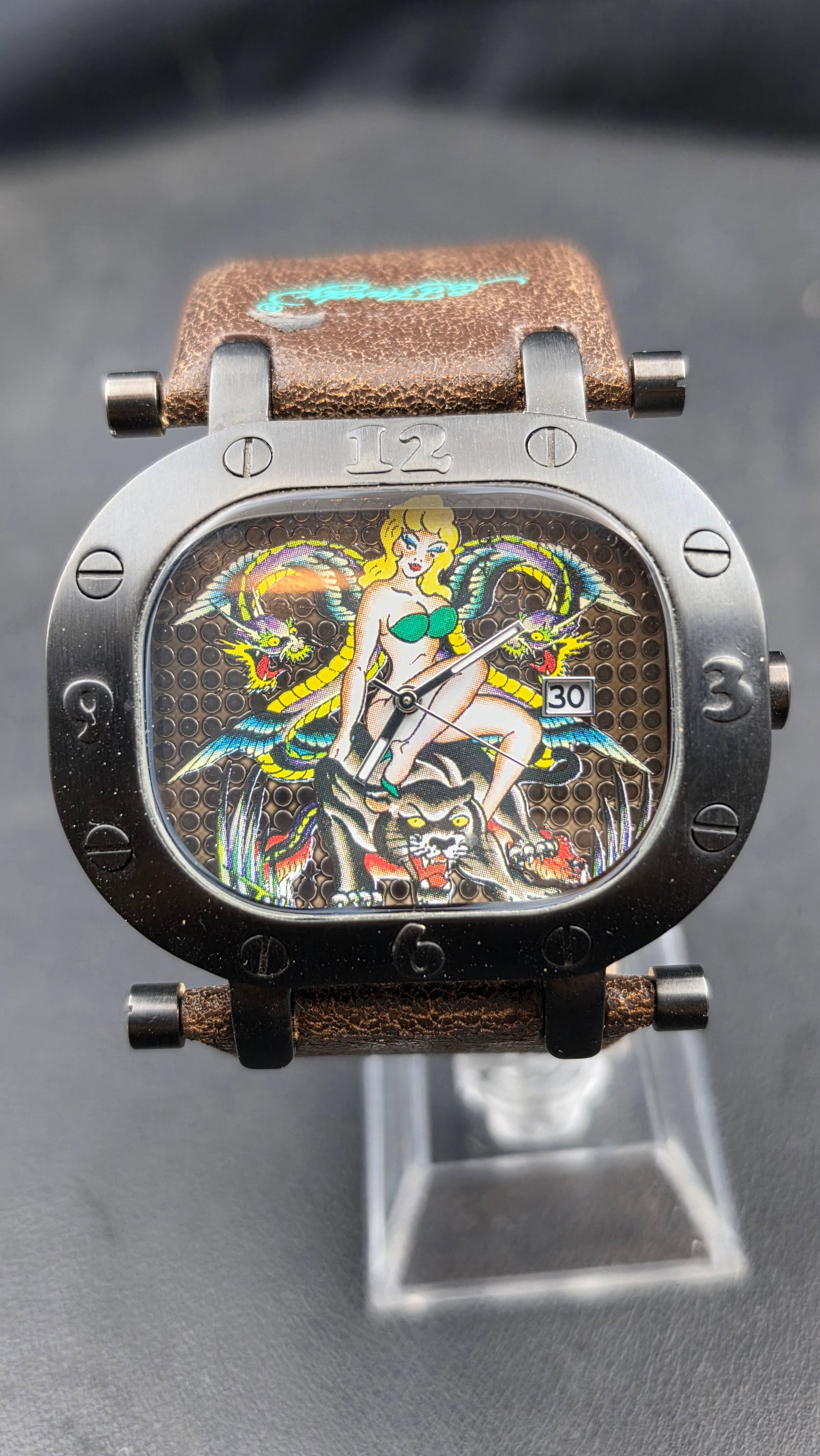 Ed Hardy GR-HW 0032 Pin-Up Dragon Panther Tattoo Art Dial Japan Movement Watch 52mm circa 2000s (1 of 9)