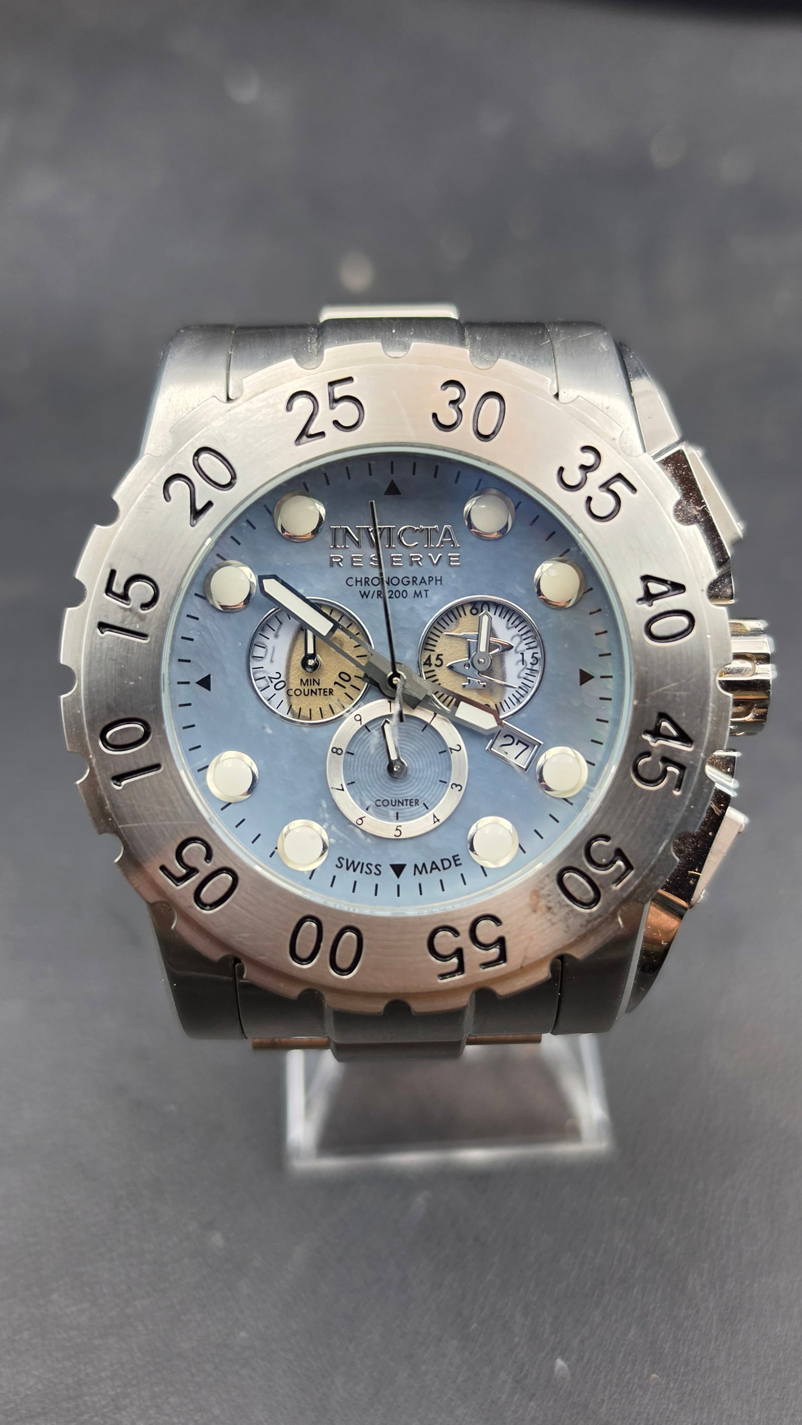 Invicta Reserve Swiss Made Chronograph Model E0065 53mm Blue MOP Dial Steel Men's Watch 2000s (1 of 9)