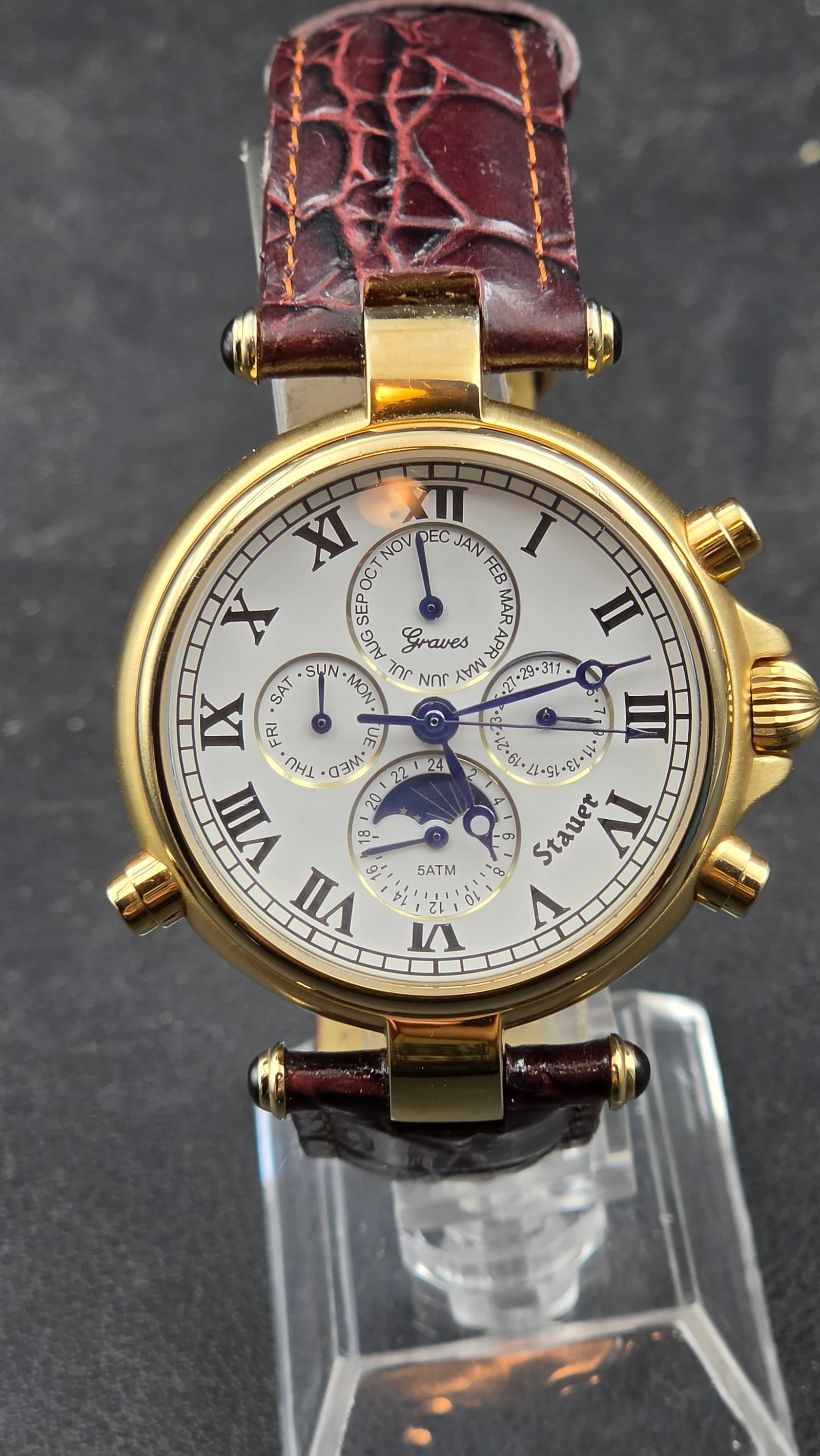 Stauer Graves Moonphase Triple Calendar Gold-Tone 41mm Men's Watch Brown Croc Strap 2000s (1 of 10)