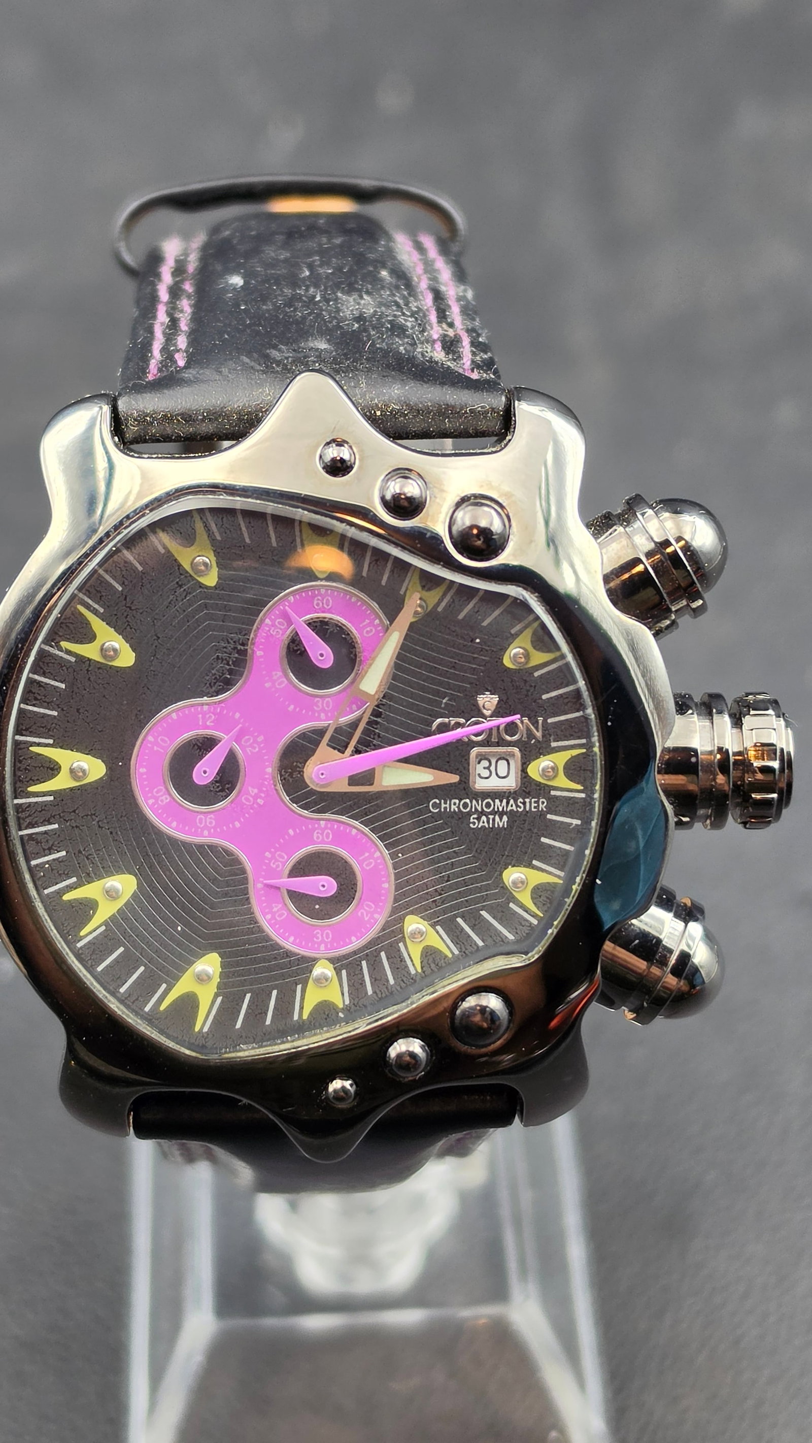 CROTON CHRONOMASTER CC311161 — Rare Purple/Yellow Chronograph, 43mm: Croton Chronomaster quartz chronograph, reference CC311161, 43mm stainless steel case with the brand's signature sculpted asymmetric lugs and ball-dome chronograph pushers — a design that drew heavy