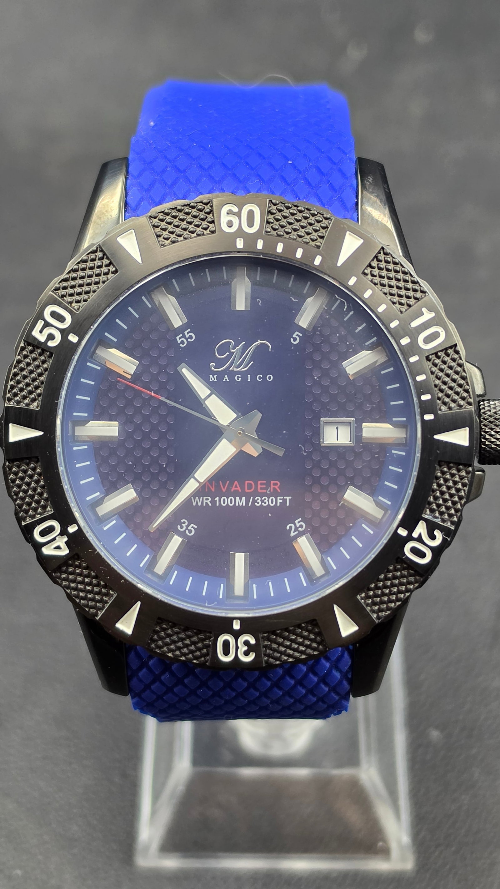 Magico Invader NOS 49mm Swiss Made PVD Black Diver Blue Rubber Strap Ref 411063247: Magico Invader reference 411063247, NOS example in excellent unissued condition. The imposing 49.25mm PVD black-coated stainless steel case features heavily textured knurled side panels flanking the c