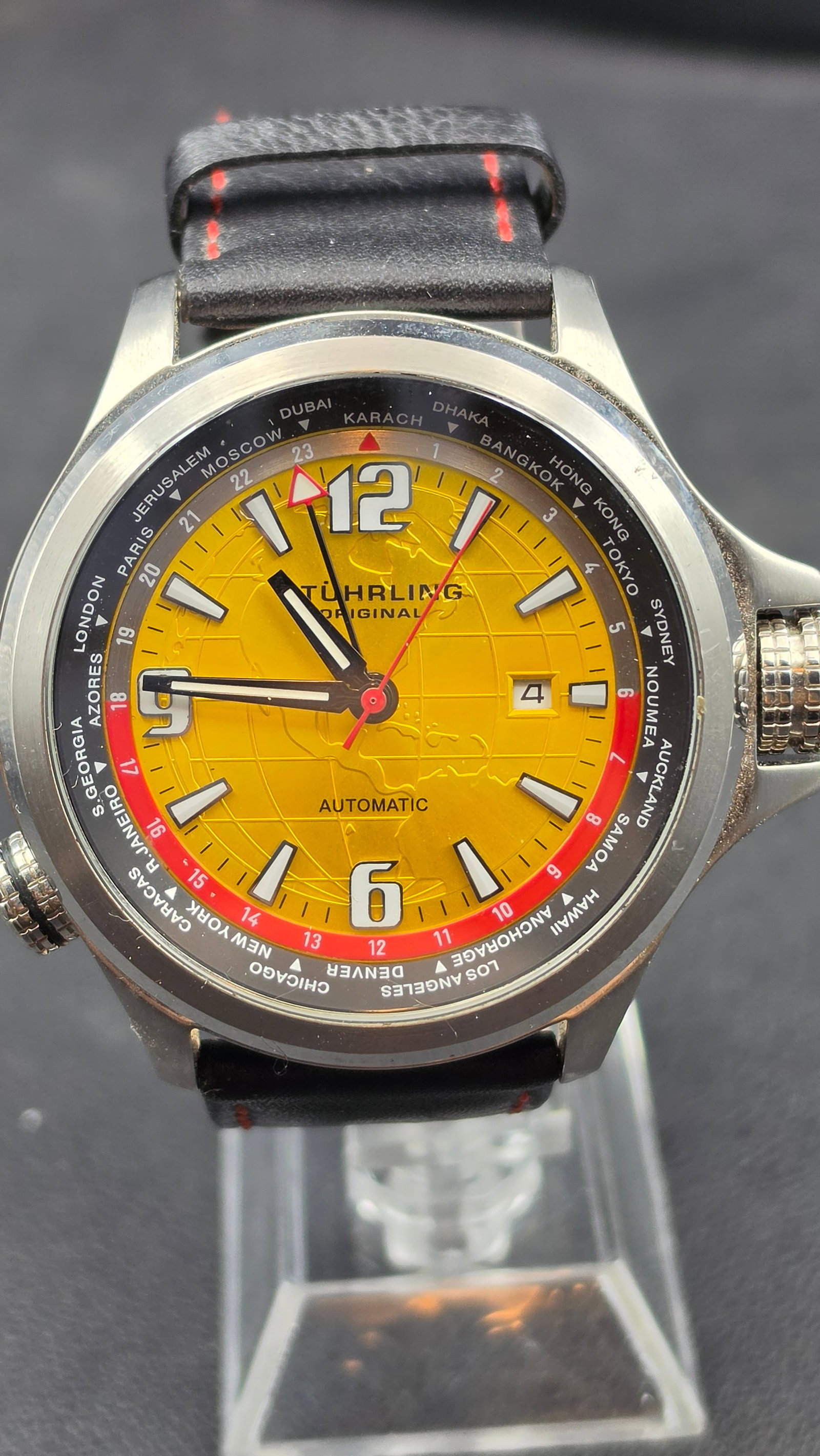 Stuhrling Original World Time Automatic Cal. ST-90104, 40mm Yellow Globe Dial, Black Leather Strap, (1 of 10)