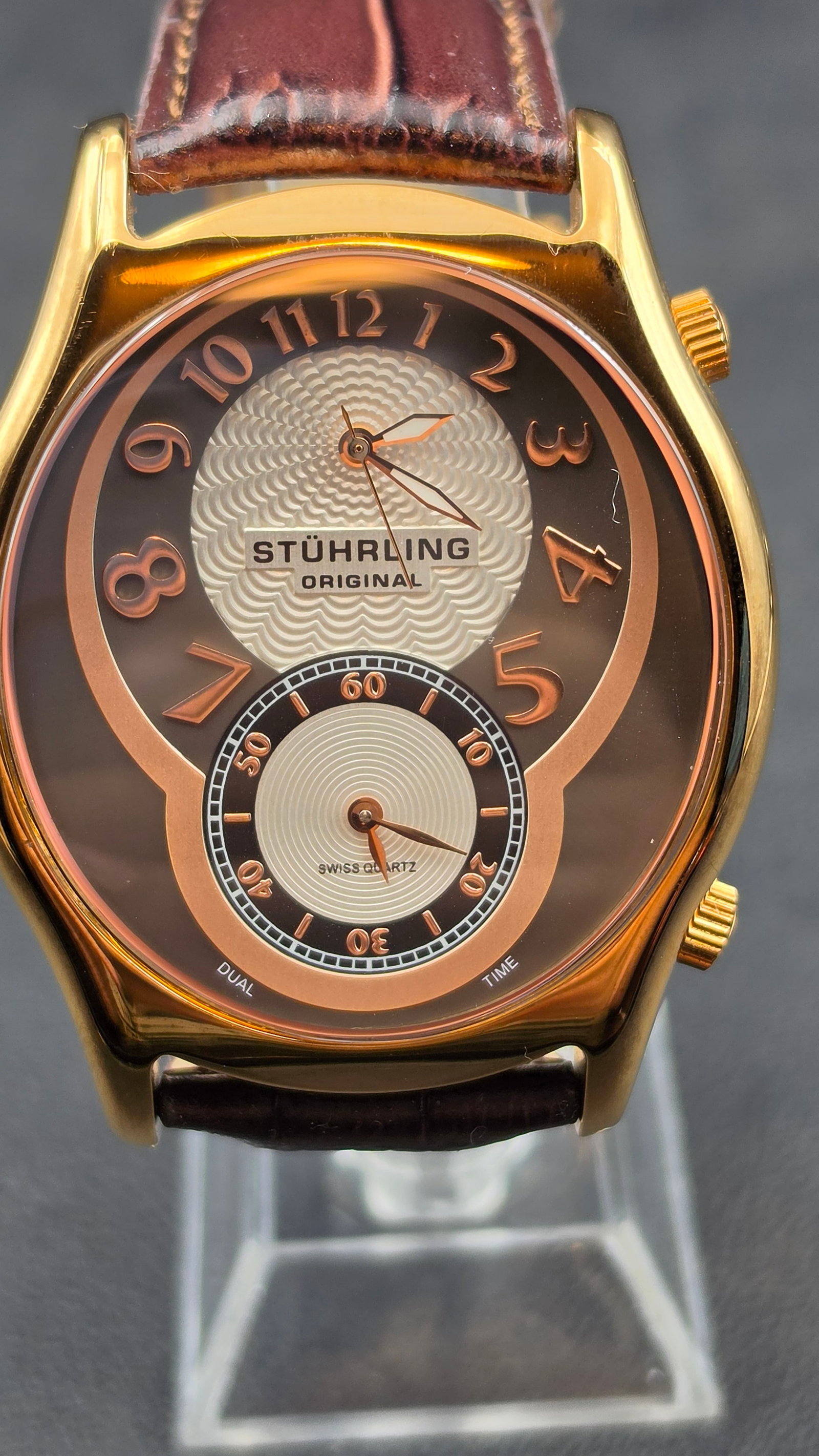 Stuhrling Original Dual Time Swiss Quartz 46mm Gold-Tone Tonneau, Brown Croc Leather, NOS, c. 2010s (1 of 10)