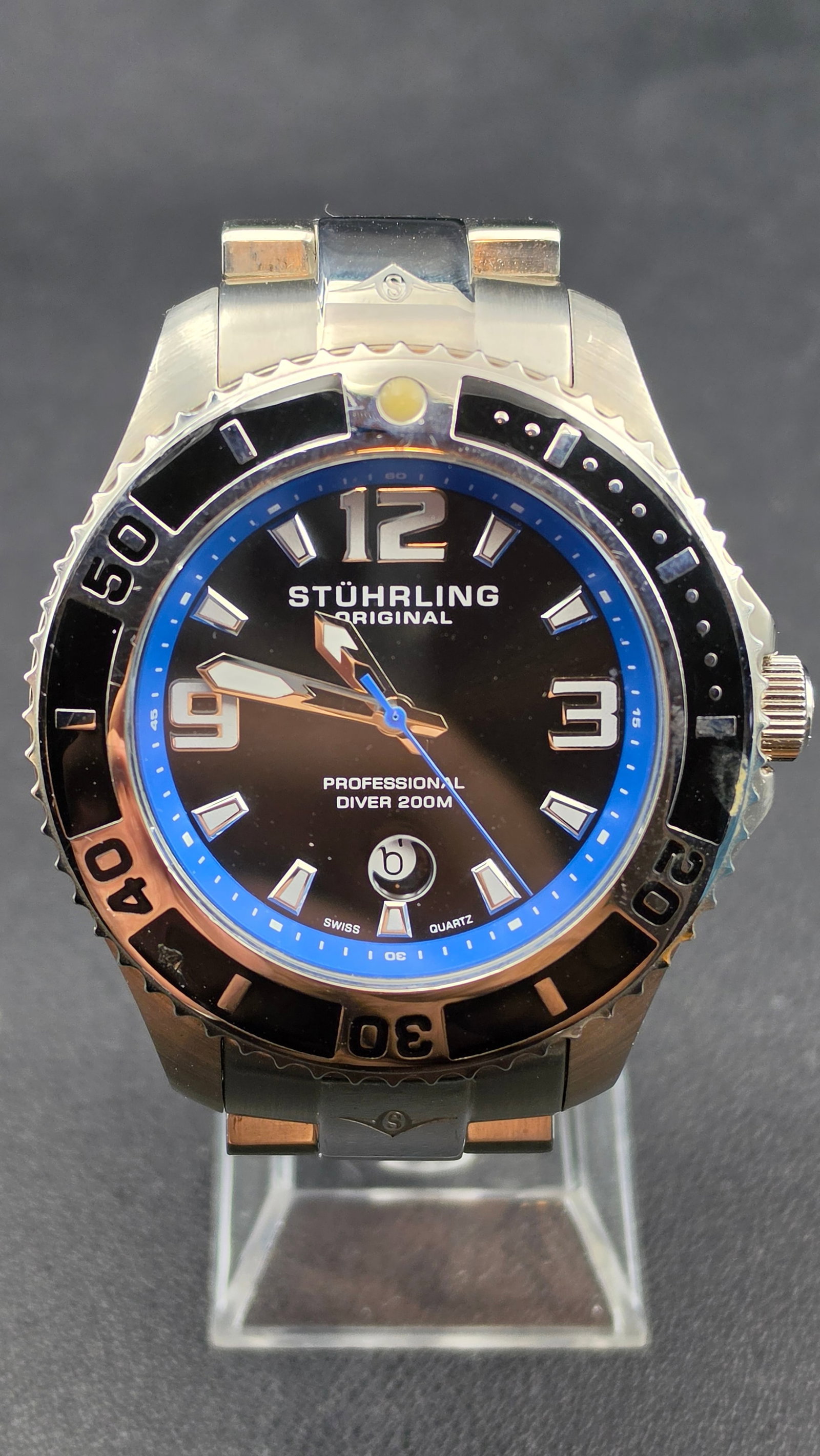 Stuhrling Original Professional Diver 200M Swiss Quartz 50mm Black Dial Blue Inner Bezel, Steel Brac (1 of 9)