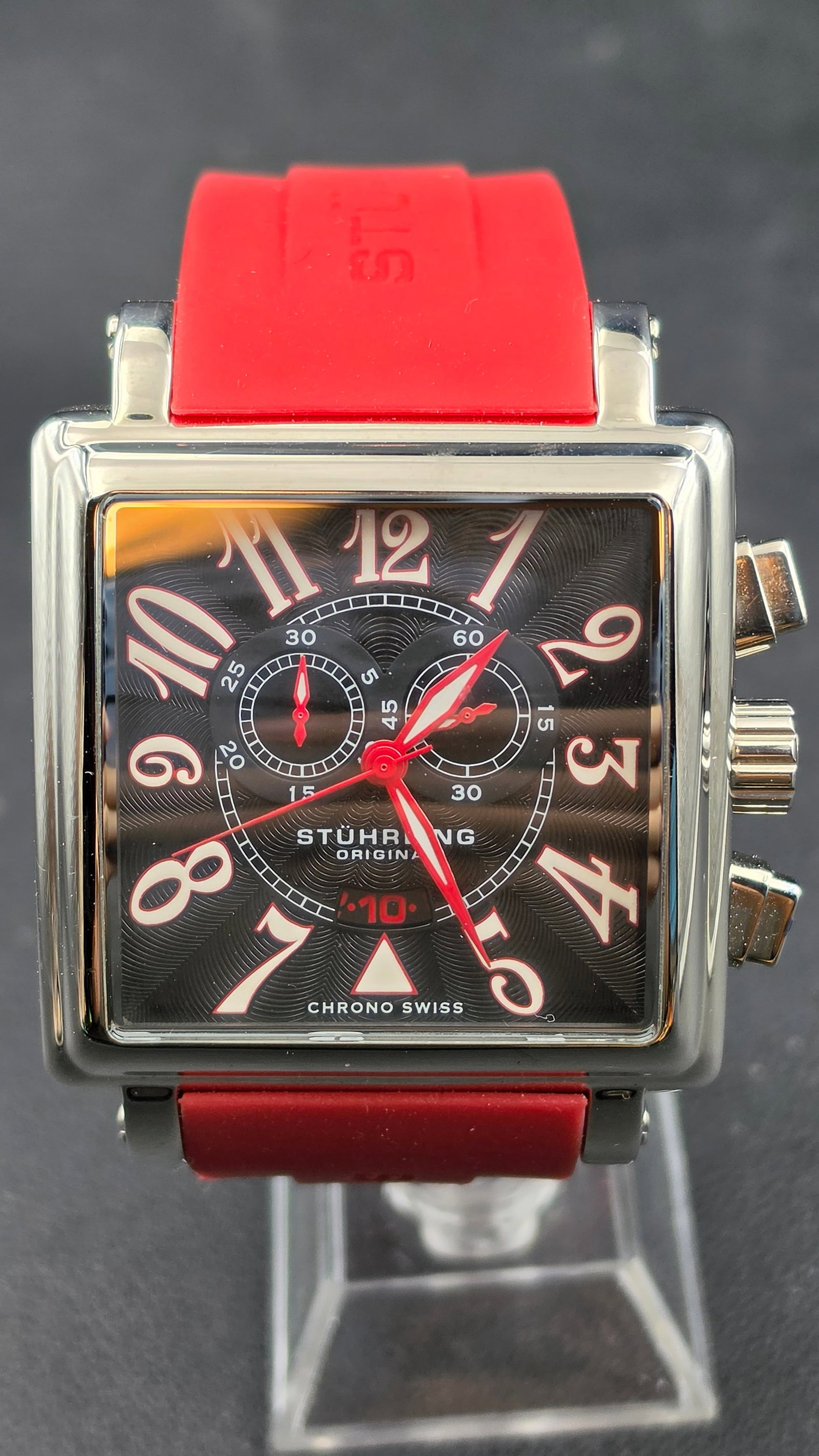 Stuhrling Original Chrono Swiss Square Chronograph Black Dial Red Rubber Strap Watch 2000s (1 of 9)