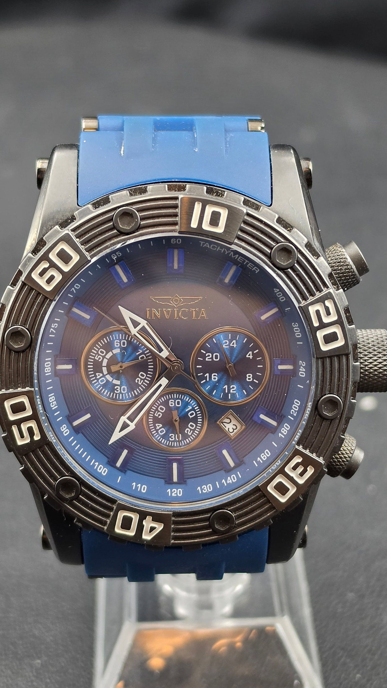 Invicta Sea Spider 23759 Black PVD Blue Dial Japan Chronograph Tritnite Rubber Strap Watch 2010s (1 of 8)