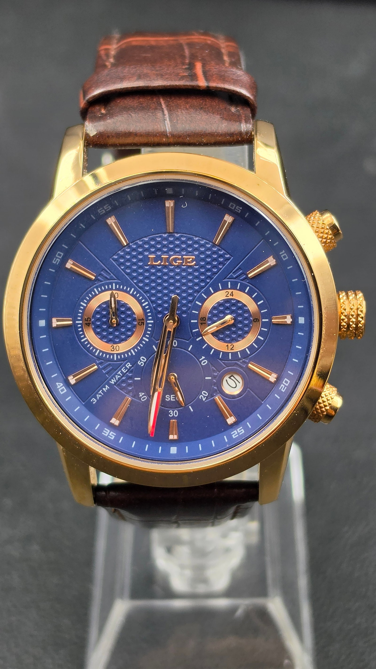 LIGE 1853 Dream Blue Dial Gold-Tone Chronograph Style Date Watch Brown Croc Leather Strap 43mm ~2010 (1 of 10)