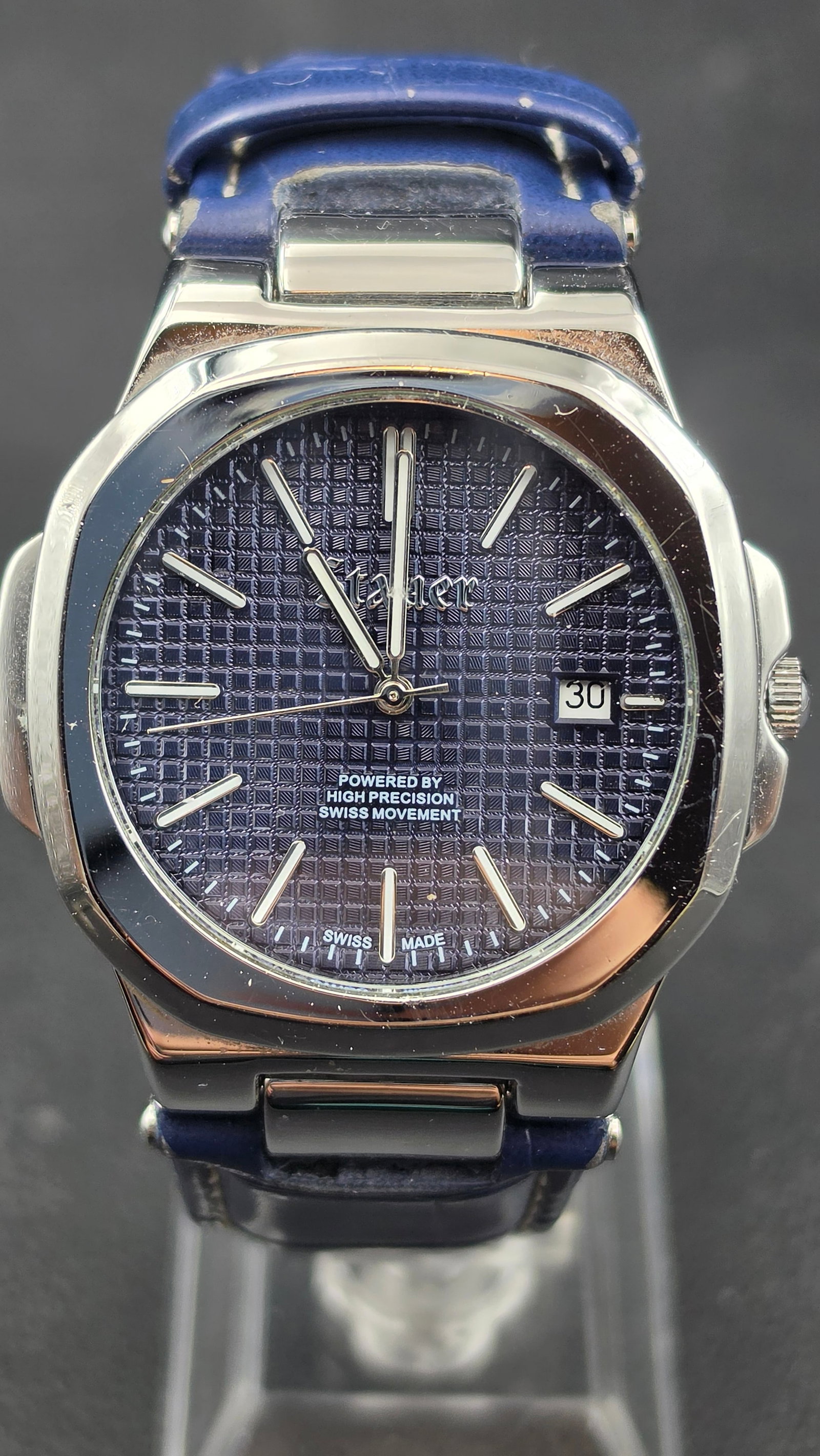 Stauer Swiss Movement Date Watch Blue Dial Nautilus Style 42mm Blue Leather Strap Running (1 of 9)