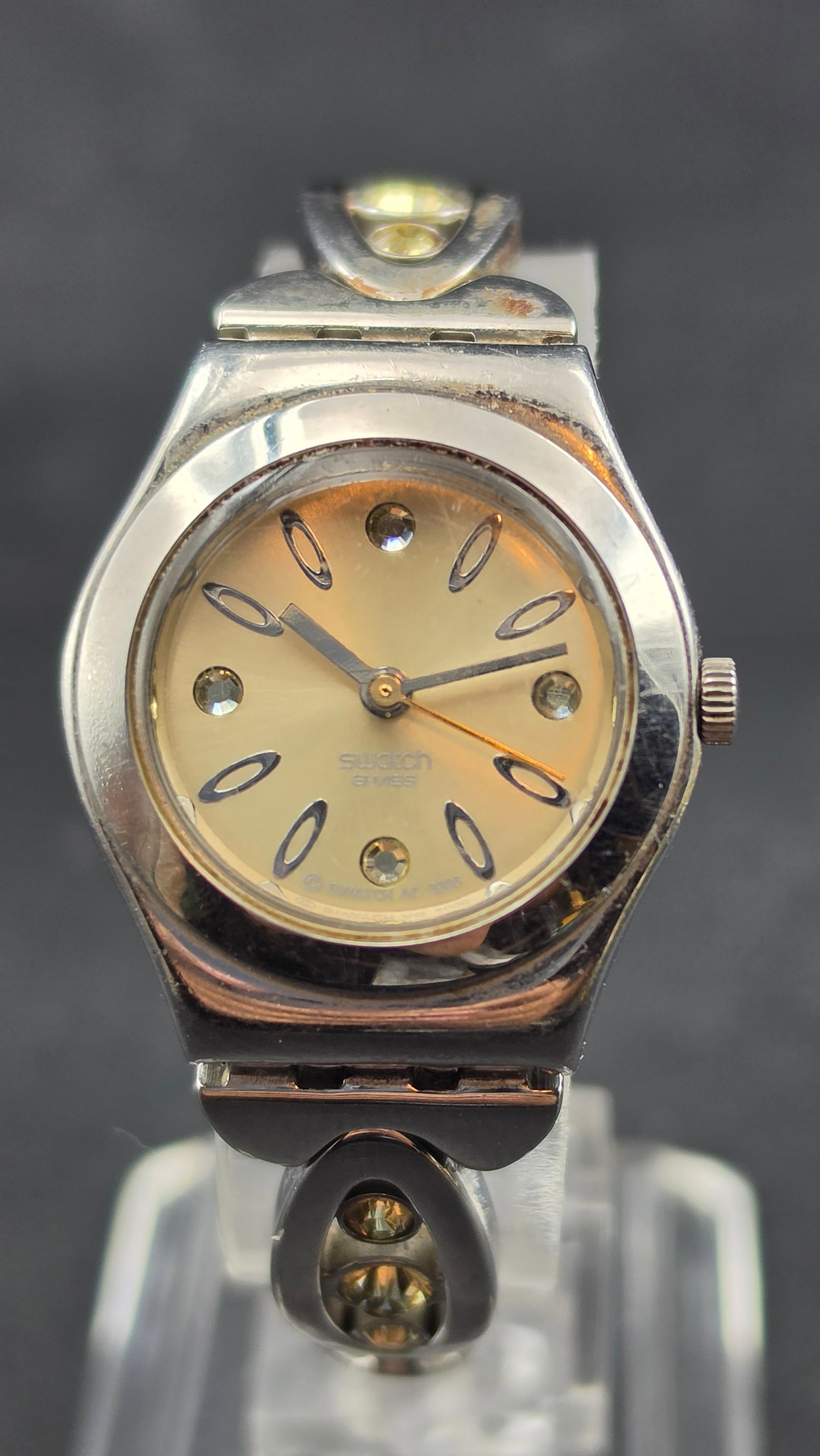 Swatch Irony Ladies Swiss Made Stainless Steel Crystal Accent Bangle Watch 24mm Running (1 of 9)