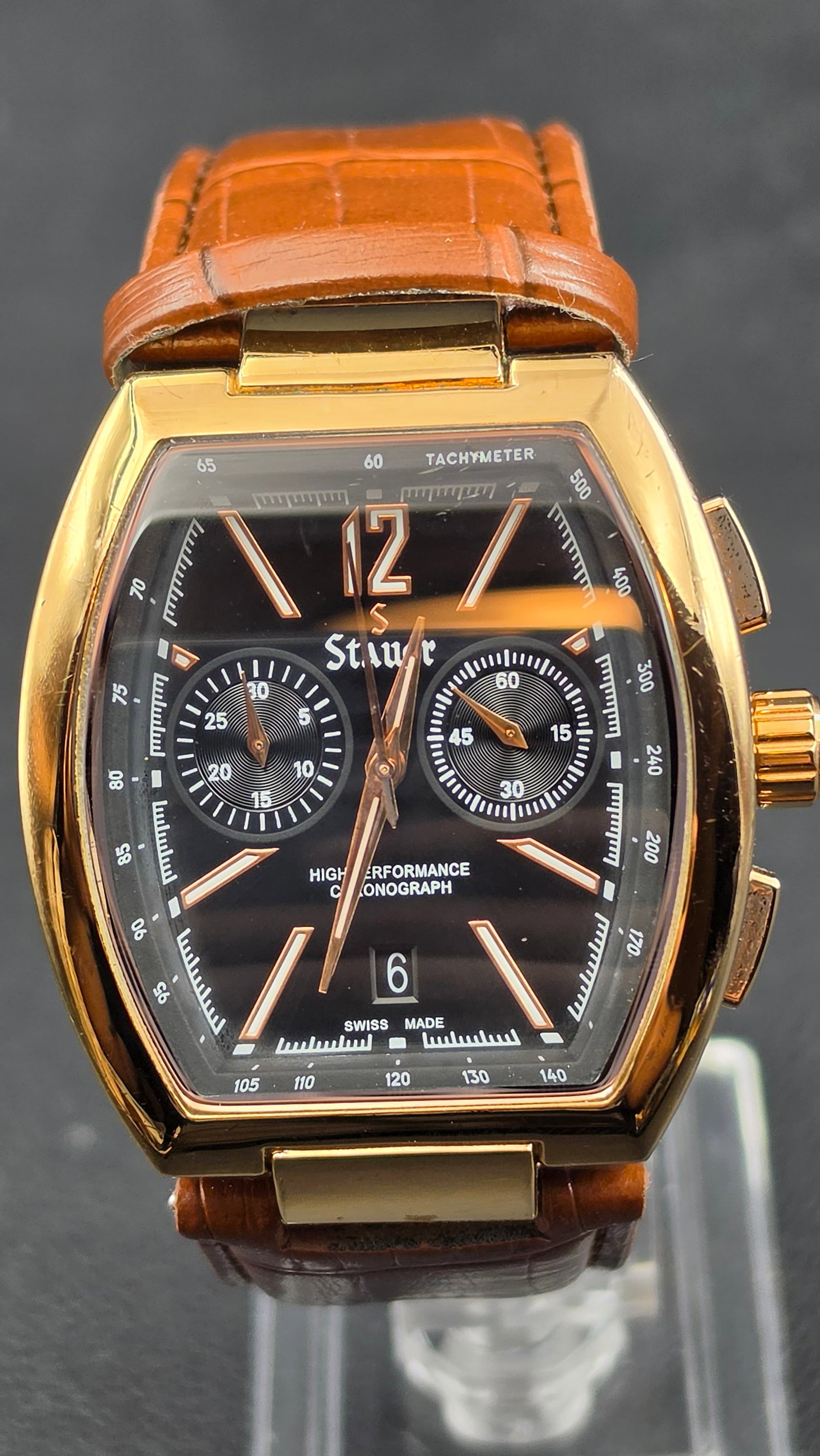 Stauer Mens Tonneau High Performance Chronograph Black Dial Rose Gold Tone Swiss Made 39mm Running (1 of 10)