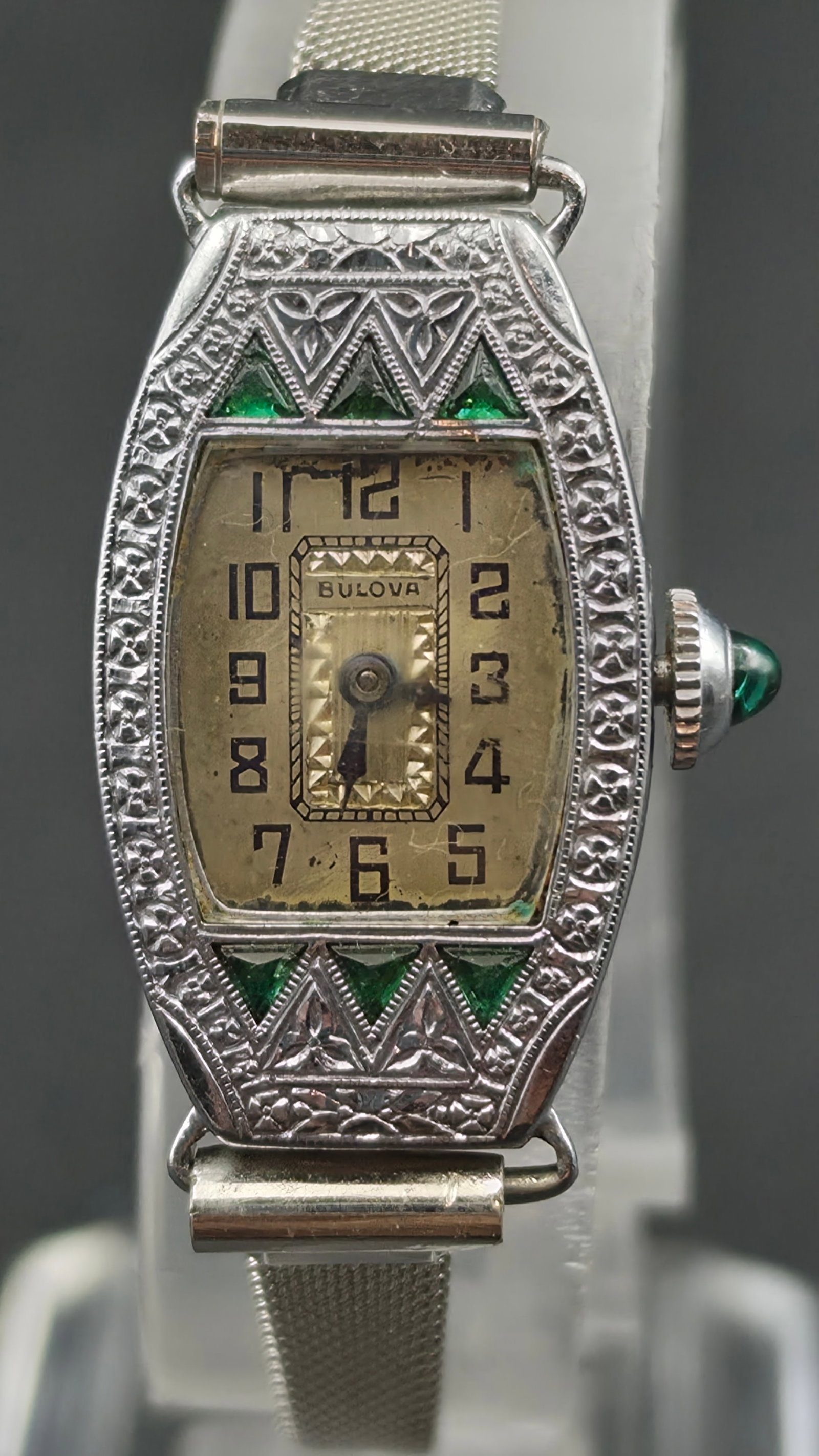 RARE Art Deco Bulova 14K White Gold Filled Ladies Watch Green Cabochon Crown Emerald Glass Accents 1 (1 of 12)