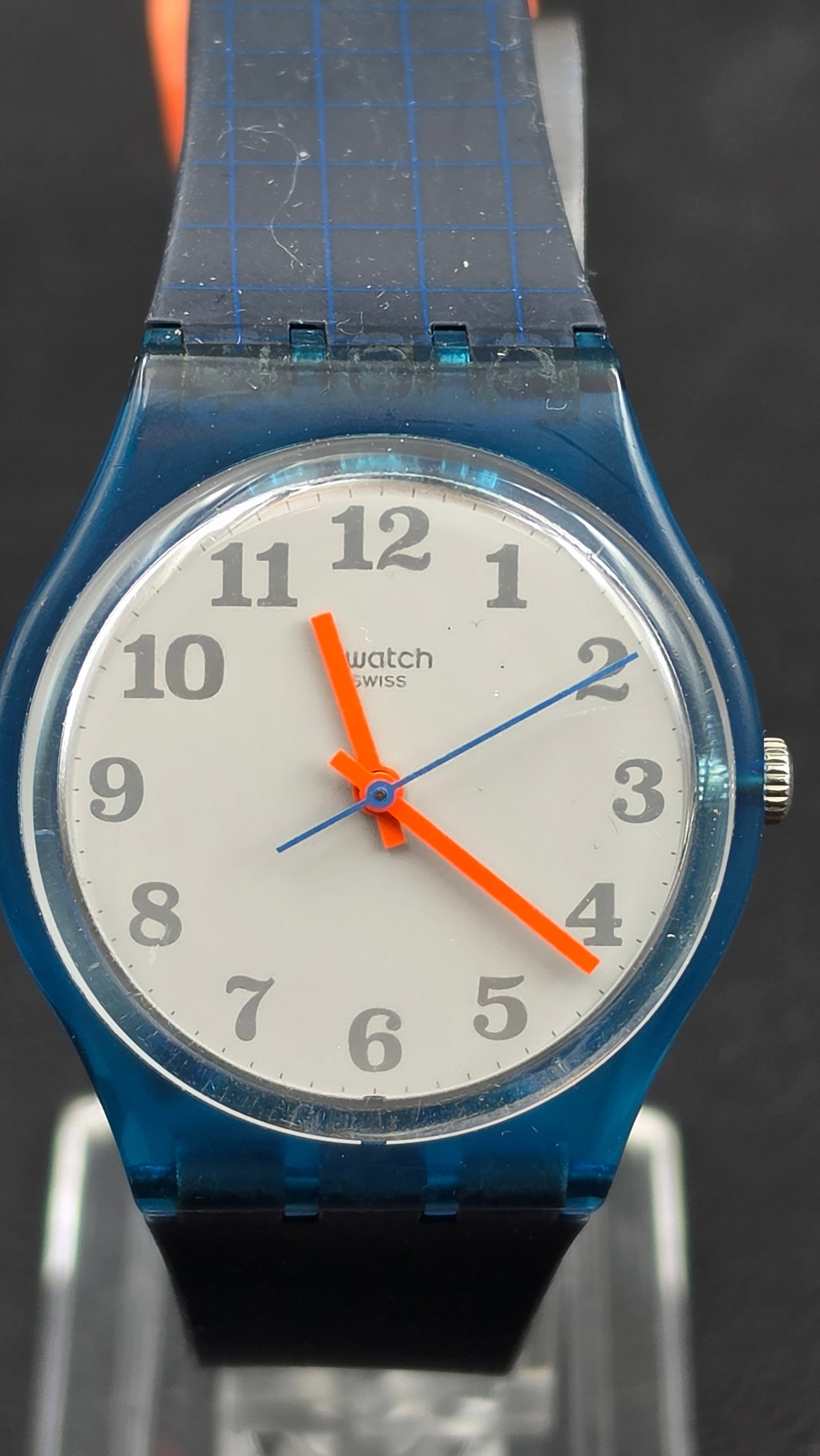 Swatch Swiss Made Quartz Wristwatch 34mm Blue Grid Strap Orange Accent Hands Running (1 of 8)