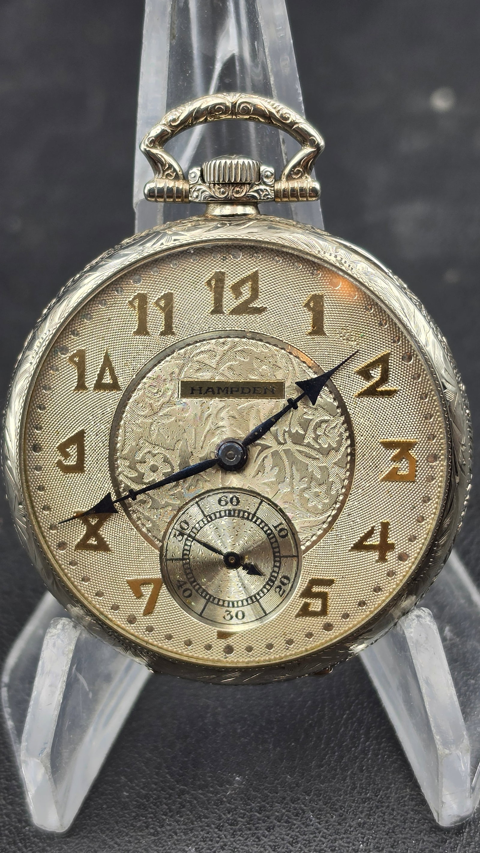 1916 Hampden Paul Revere 17 Jewel 12s Pocket Watch 14K White Gold Filled Dueber Case Fancy Dial Runs (1 of 10)