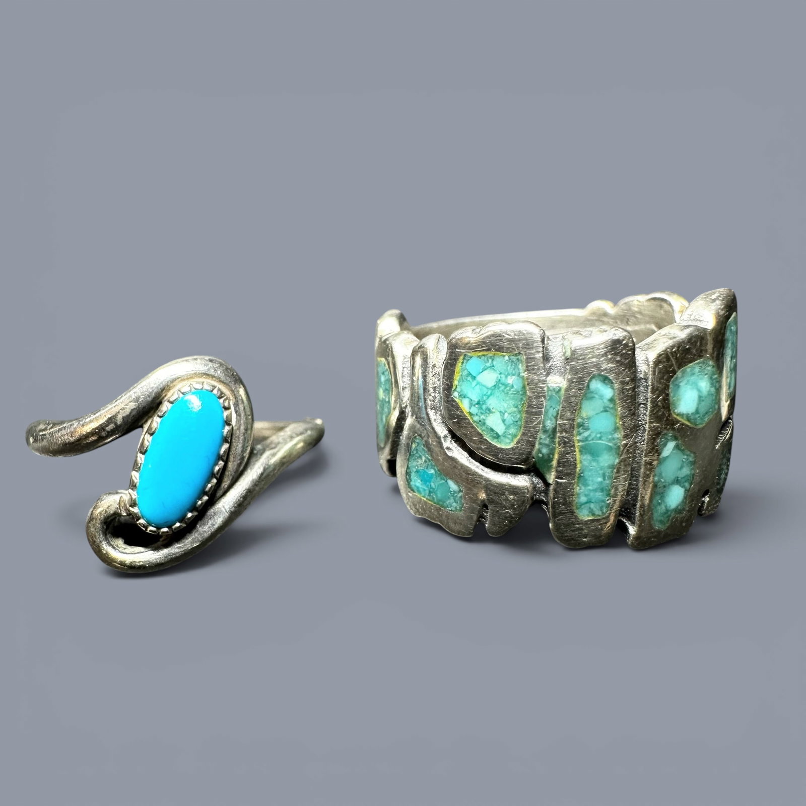 Sz5/Sz6/8g Native American Sterling Silver Turquoise Chip Inlay Ring Lot (1 of 10)