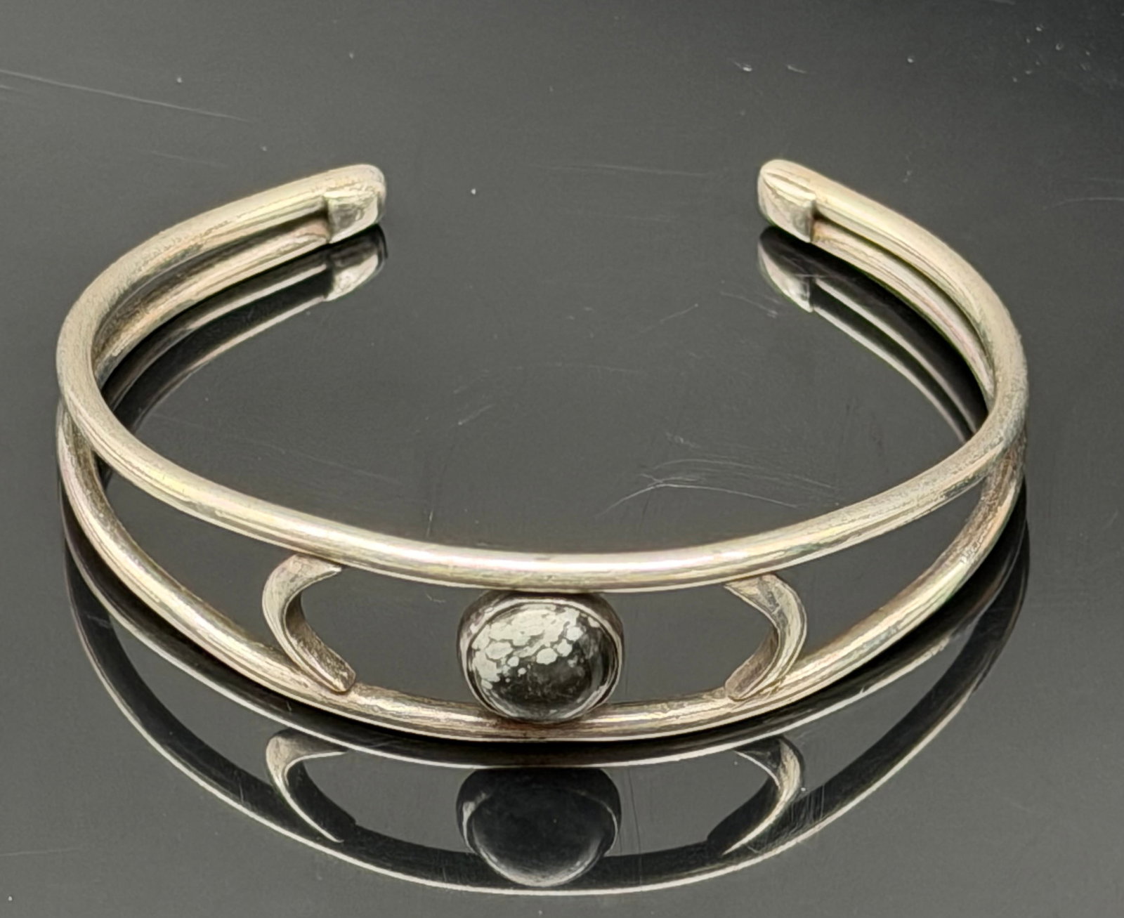 18g-Vintage Sterling Silver Fossil Jasper Modernist Open Cuff Bracelet (1 of 7)