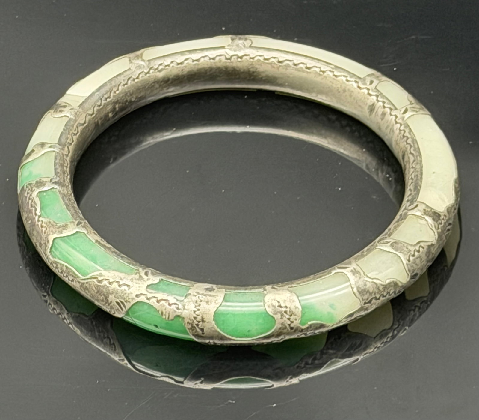65g-Antique Jade Bangle Bracelet, Embossed Silver Casing, 1930s (1 of 6)