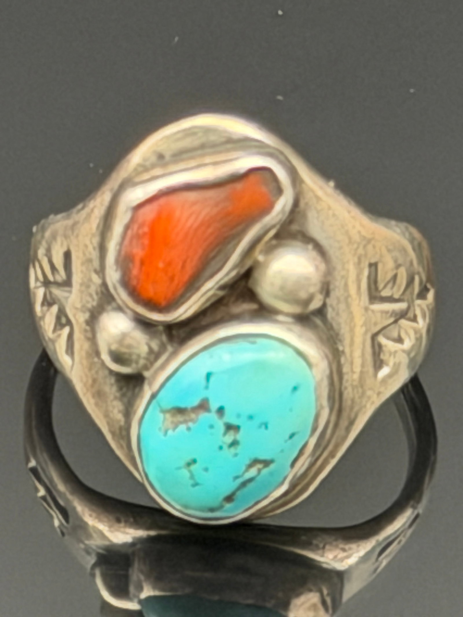 12g-Freddie Lee Jr FLJR Sterling Silver Turquoise Coral Ring Native American: Vintage Native American sterling silver ring by Freddie Lee Jr. (FLJR). Features a beautiful natural turquoise cabochon paired with a vibrant red coral stone in an asymmetrical design. The hand-stampe