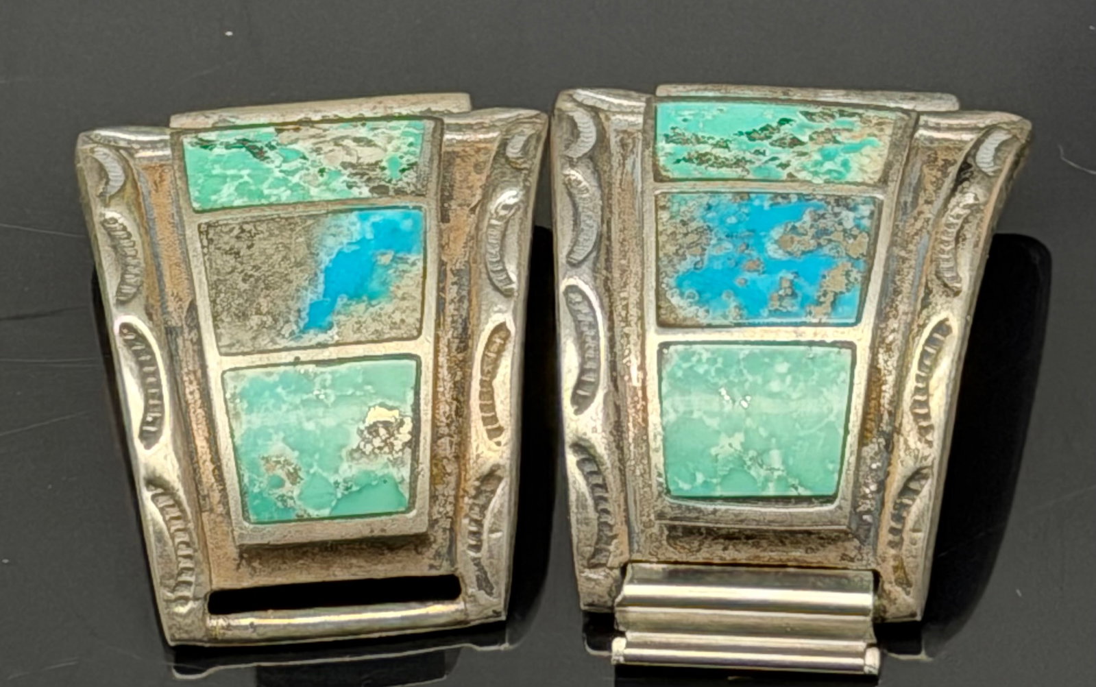 41g-Vintage Hong Kong Turquoise Inlay Stainless Steel Watchband Tips Pair (1 of 7)