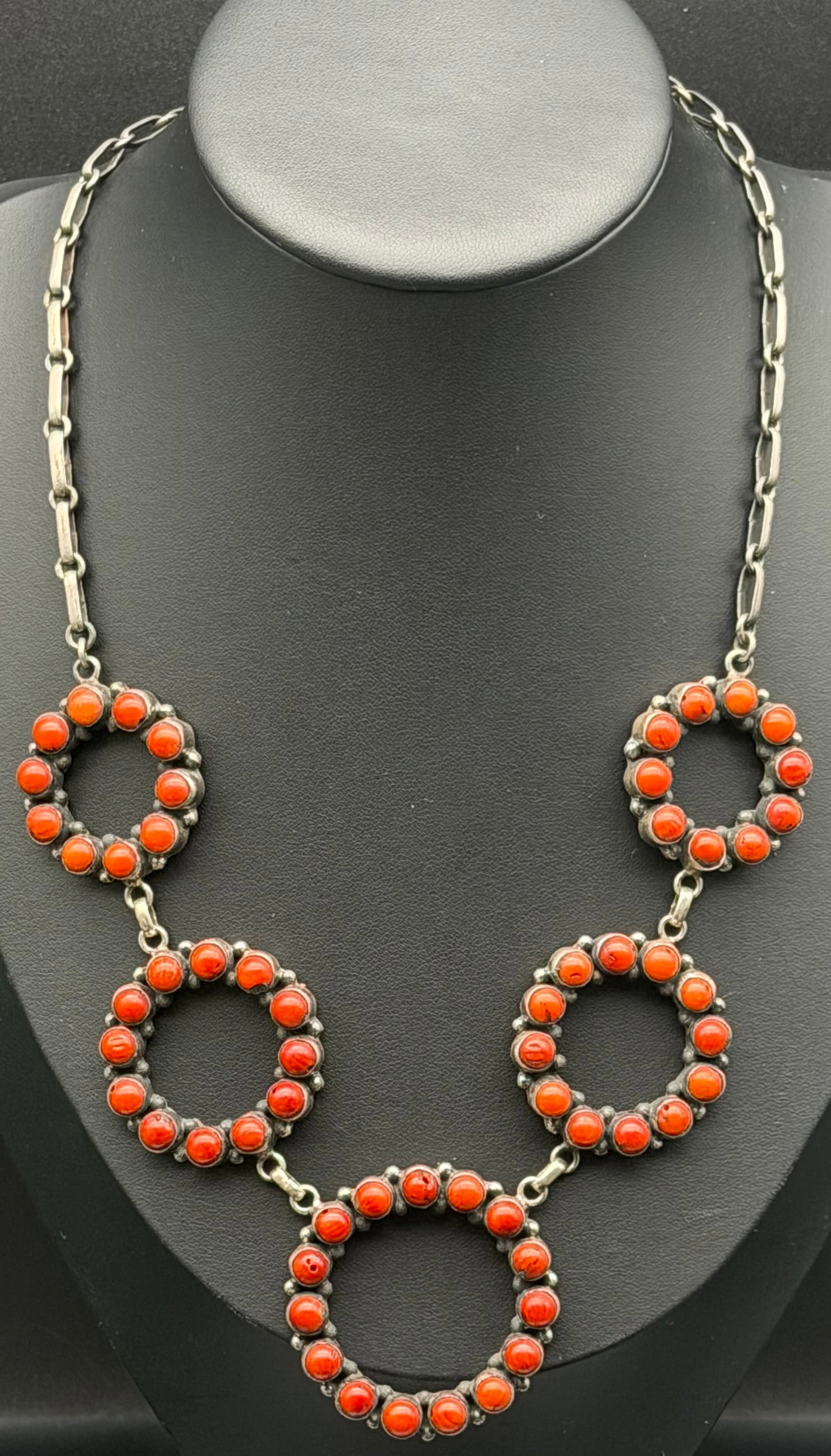 60g-Vintage Mexican Sterling Silver Red Coral Circle Link Necklace (1 of 8)