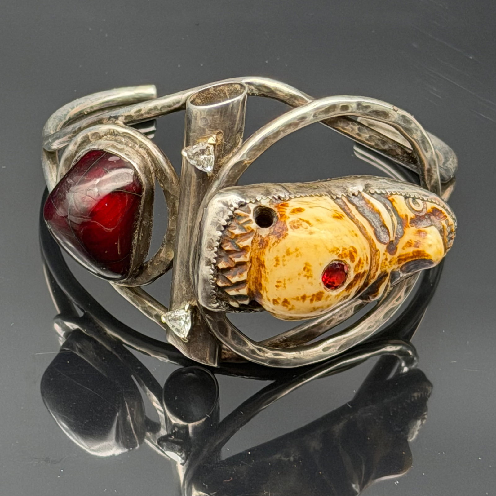 78g-Vintage Artisan Sterling Silver Skull Cuff Bracelet Red Stone Gothic Biker (1 of 9)