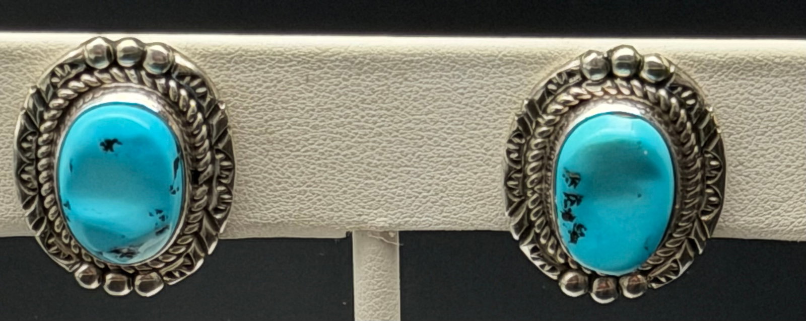 14g-Vintage NE Sterling Silver Turquoise Earrings Southwestern Rope Border (1 of 7)