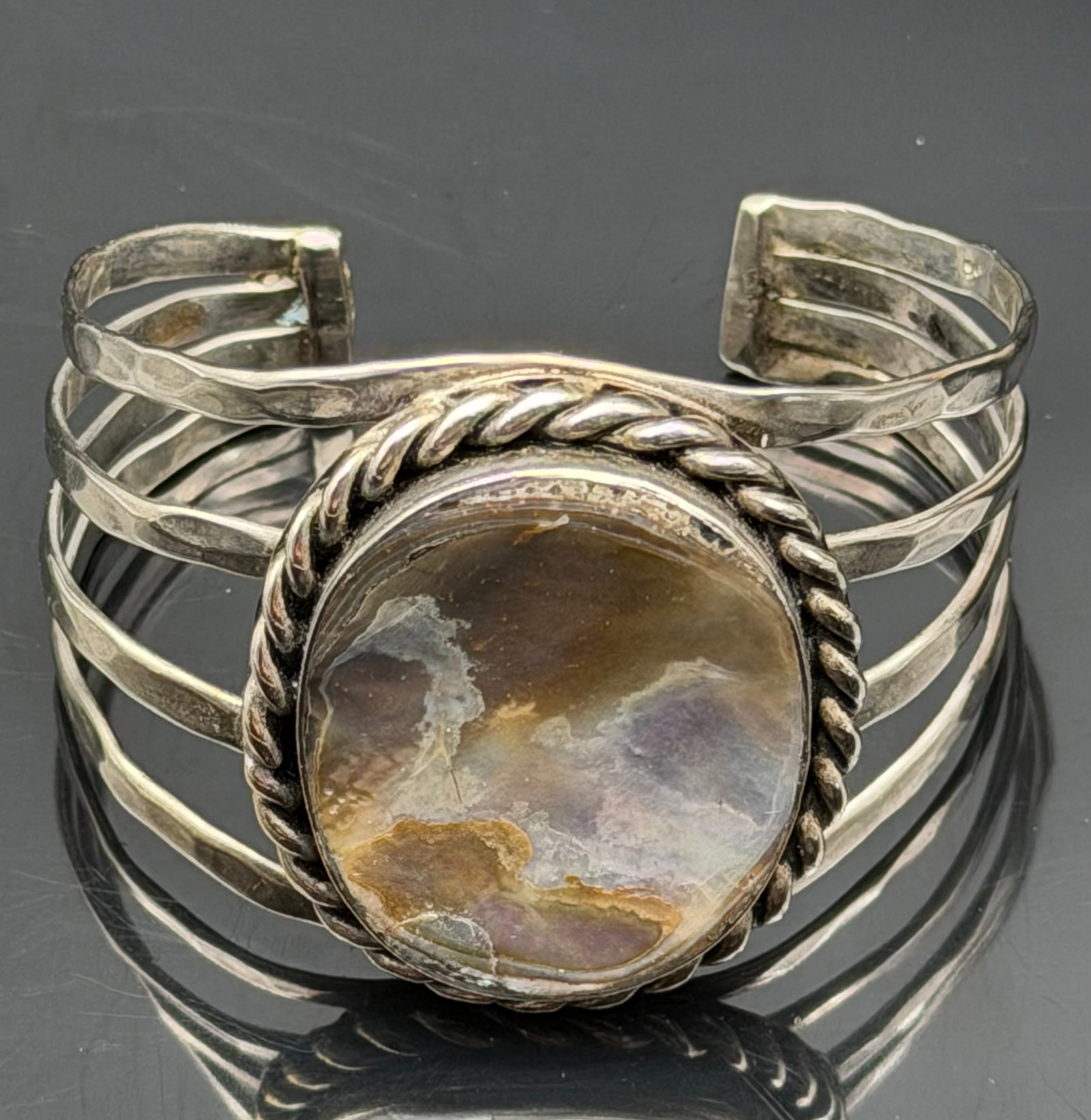 36g-Vintage Sterling Silver Scenic Agate Stone Cuff Bracelet (1 of 8)