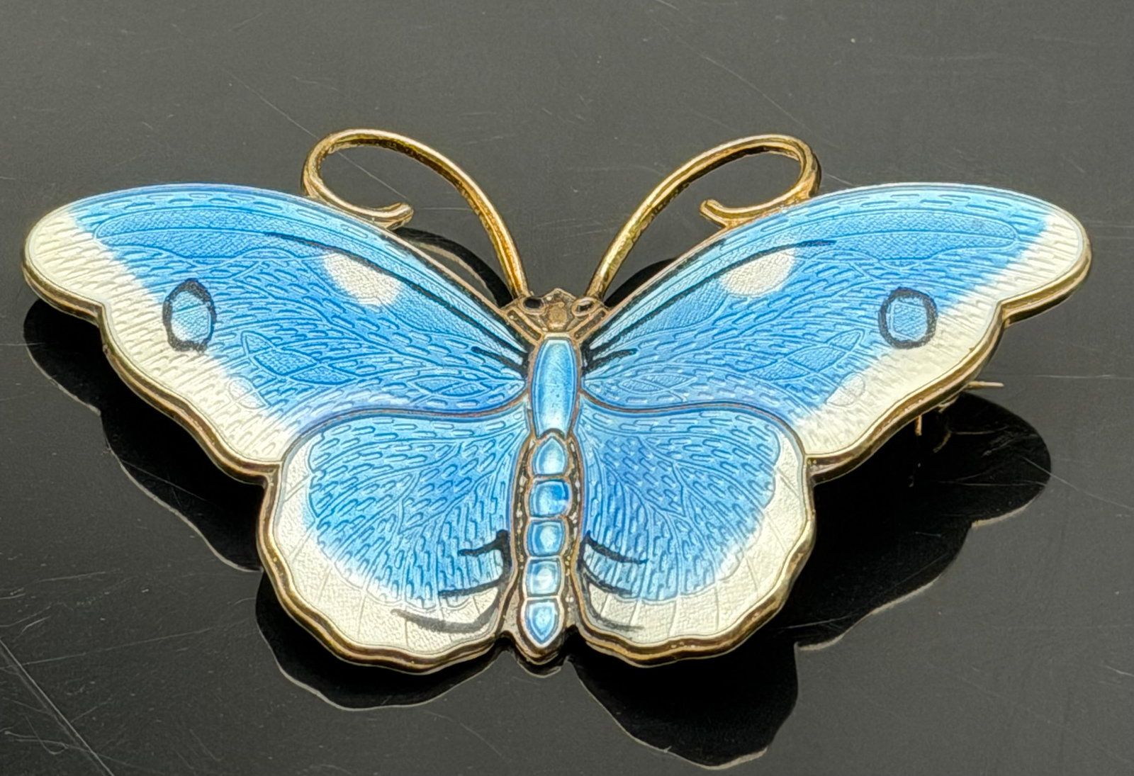 19g-Vintage JE Norway Sterling Silver 925S Blue Guilloche Enamel Butterfly Brooch (1 of 5)