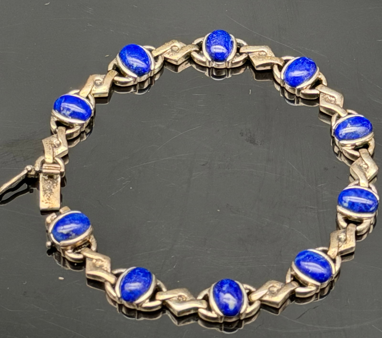 16g-Vintage Hong Kong 925 Sterling Silver Lapis Lazuli Link Bracelet (1 of 8)