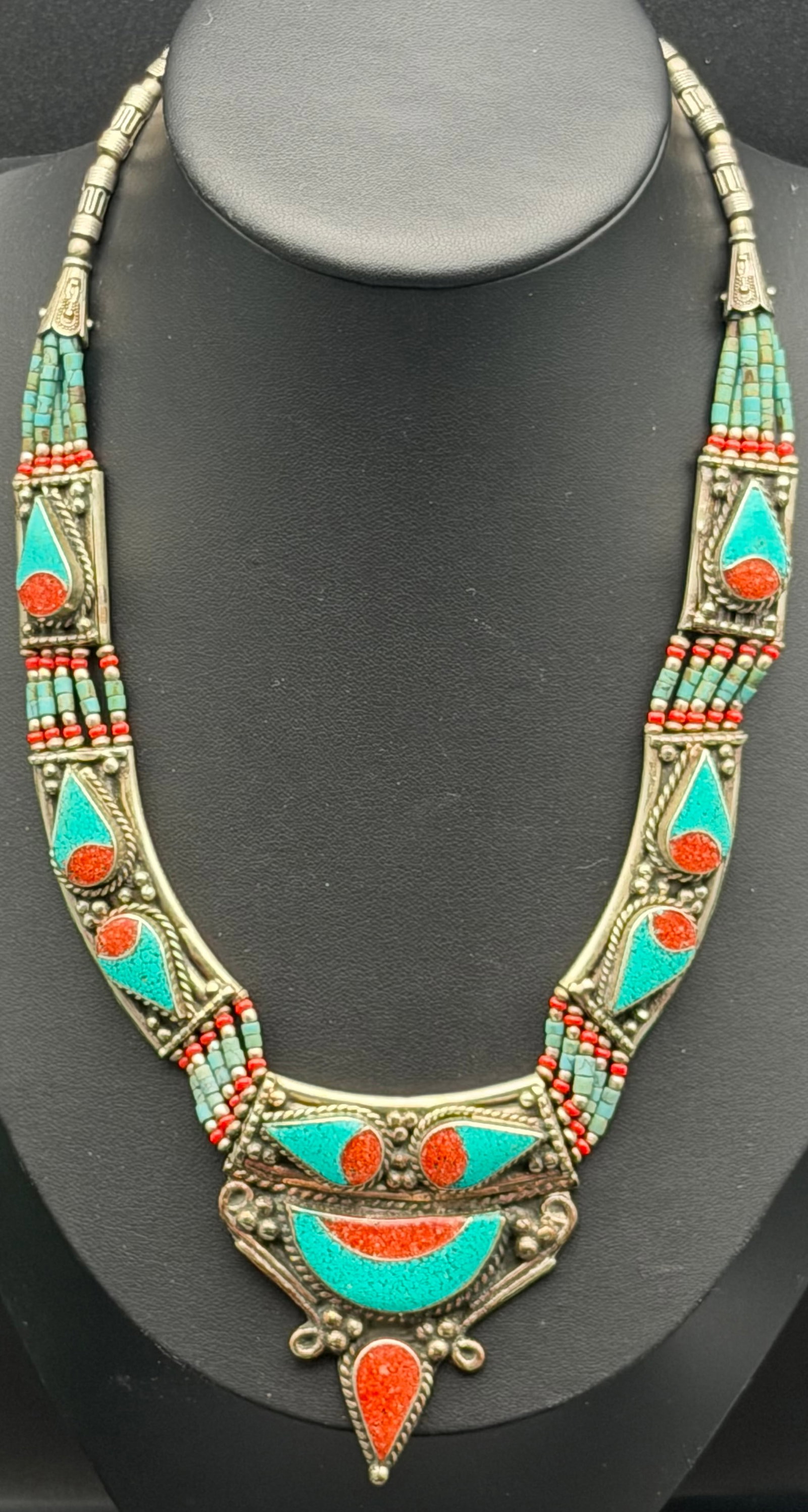 105g-Vintage Sterling 925 Tibetan Turquoise Coral Inlay Statement Necklace (1 of 10)