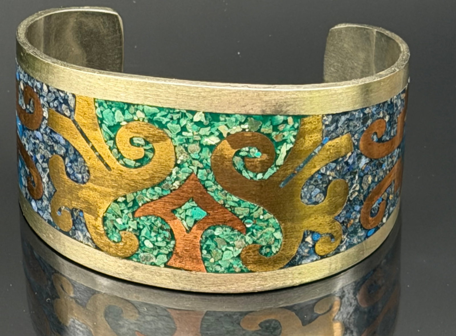 58-Vintage Alpaca Mexico Inlay Cuff Bracelet – Colorful Mosaic Southwestern Design (1 of 9)