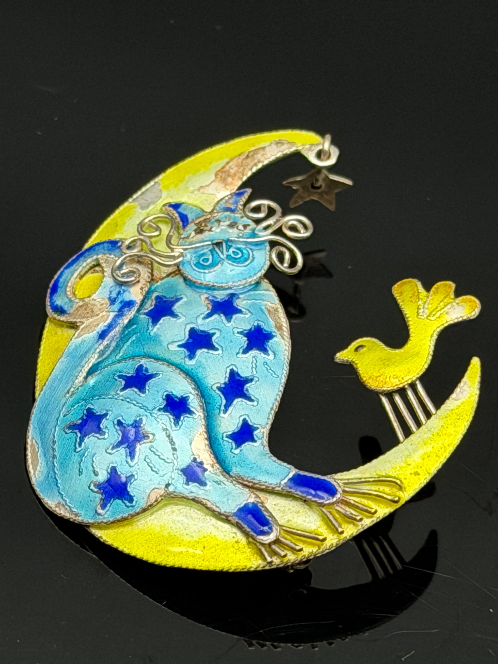 8g-Vintage Zarah Sterling Silver Enamel Moon Cat Brooch Pin Signed (1 of 4)