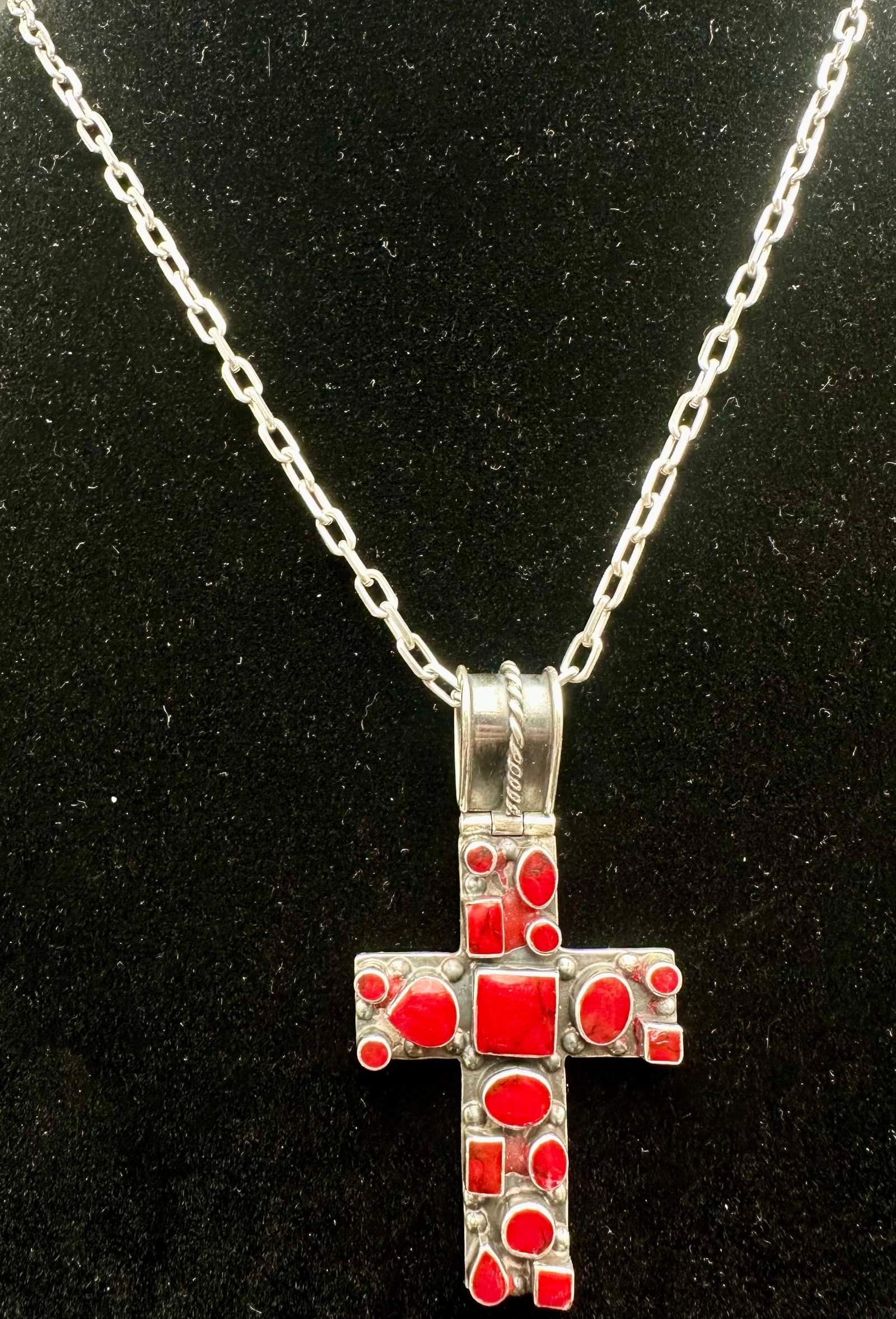 Vintage Sterling Silver Red Coral Cross Pendant Necklace 40g (1 of 10)