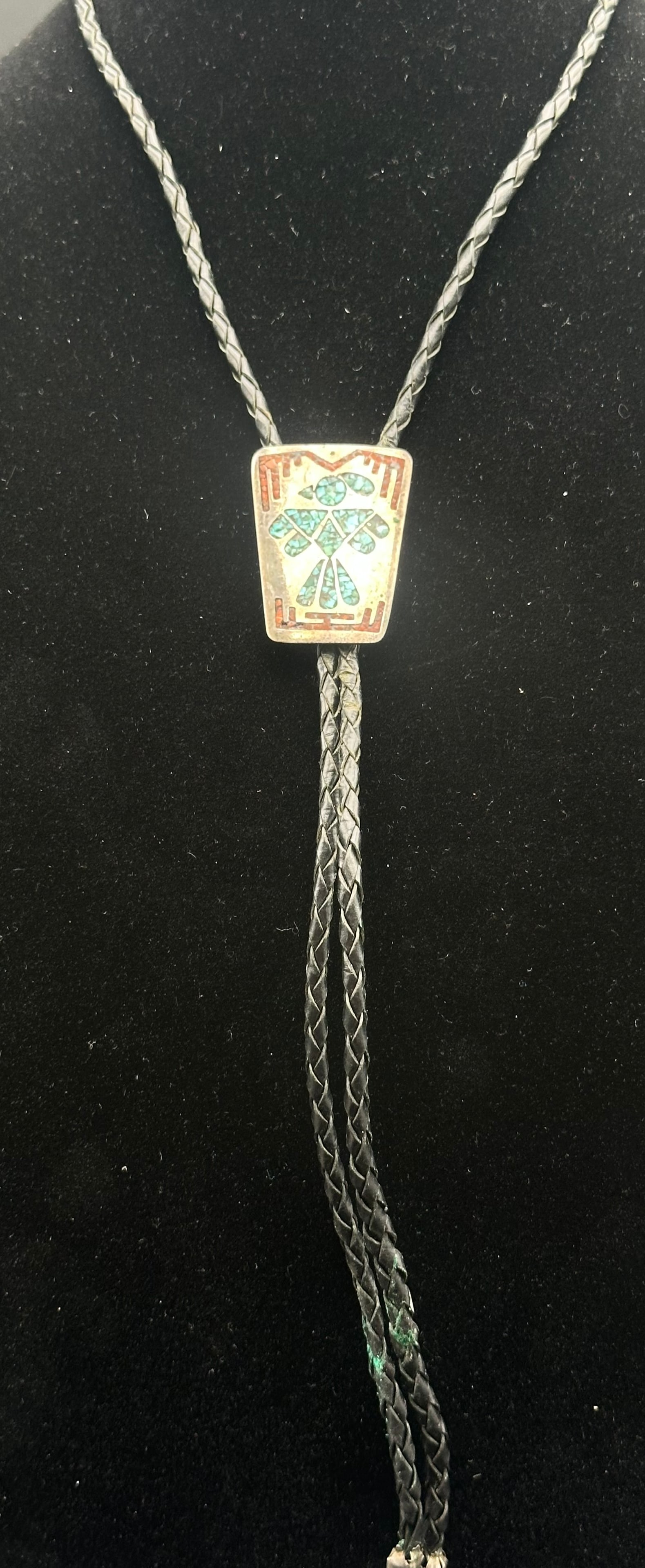 Vintage Thunderbird Turquoise & Coral Inlay Bolo Tie (1 of 7)