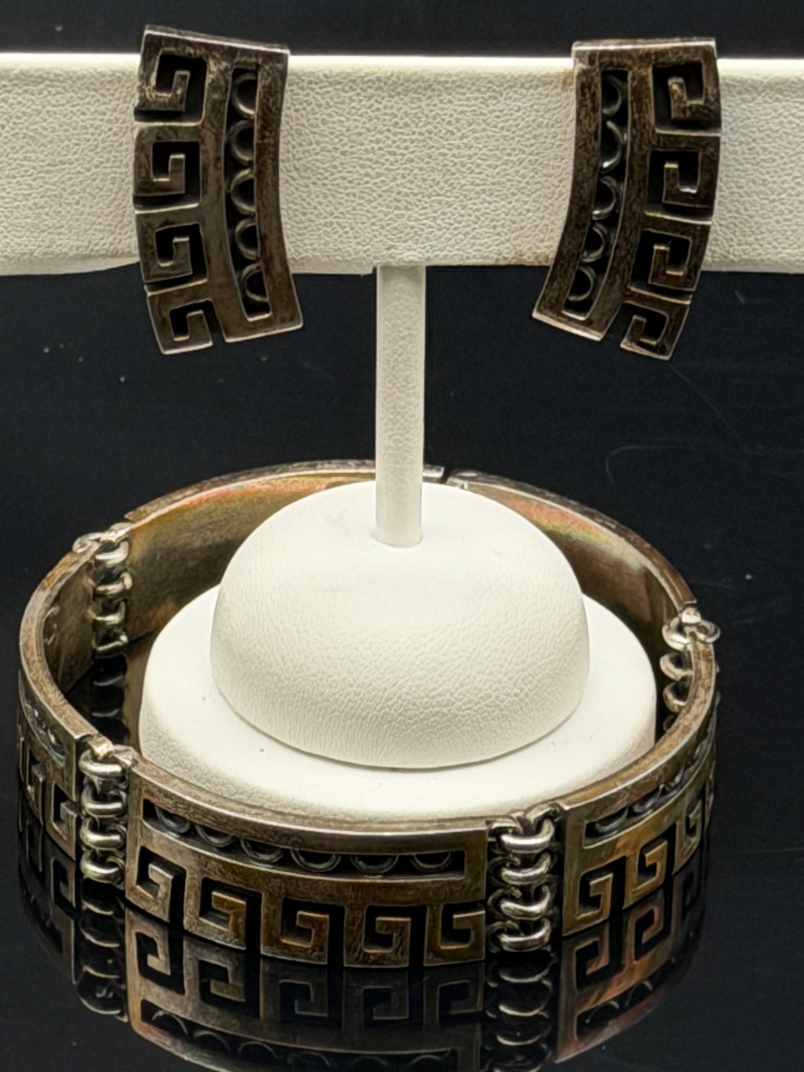 62g-Vintage Taxco Mexico Sterling Silver 925 Greek Key Bracelet Earrings Set TH-24 (1 of 11)