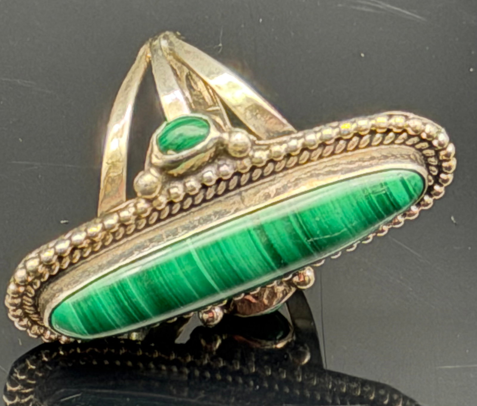 9g-Vintage R.B. Sterling Silver Malachite Ring Green Banded Stone Southwestern Statement Ring (1 of 10)