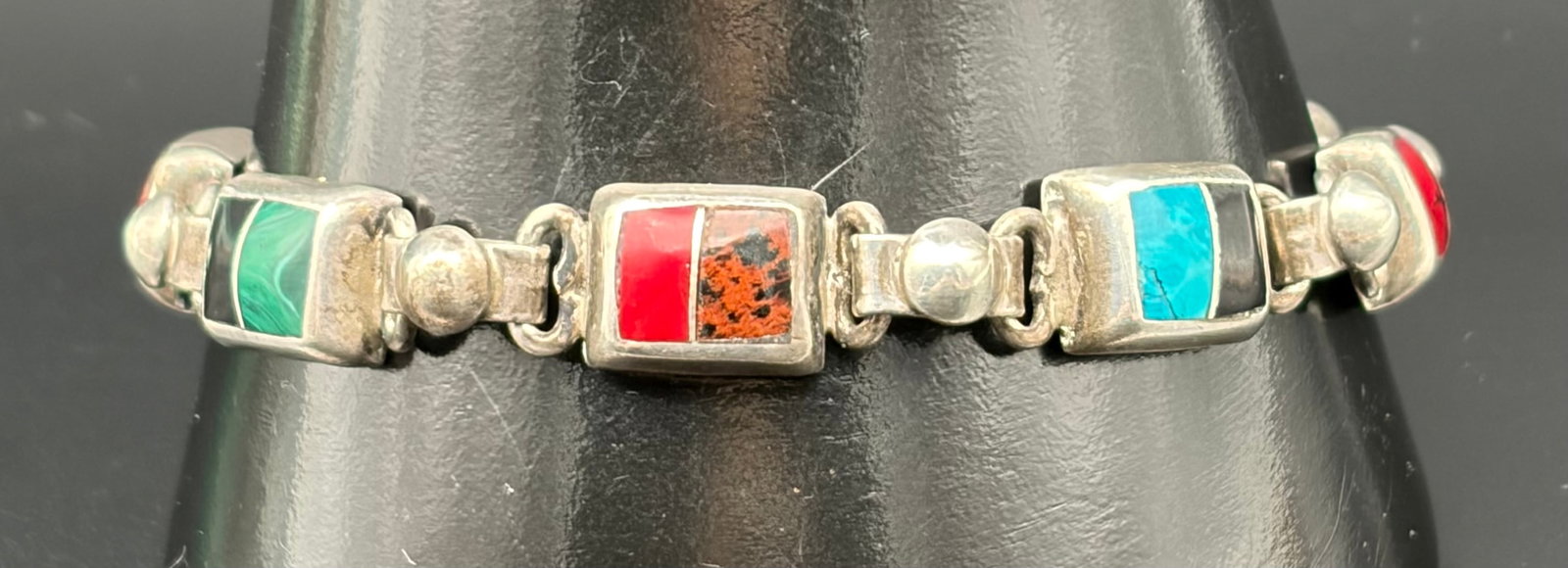25.8g Sterling Silver Multi Stone Inlay Link Bracelet (1 of 6)