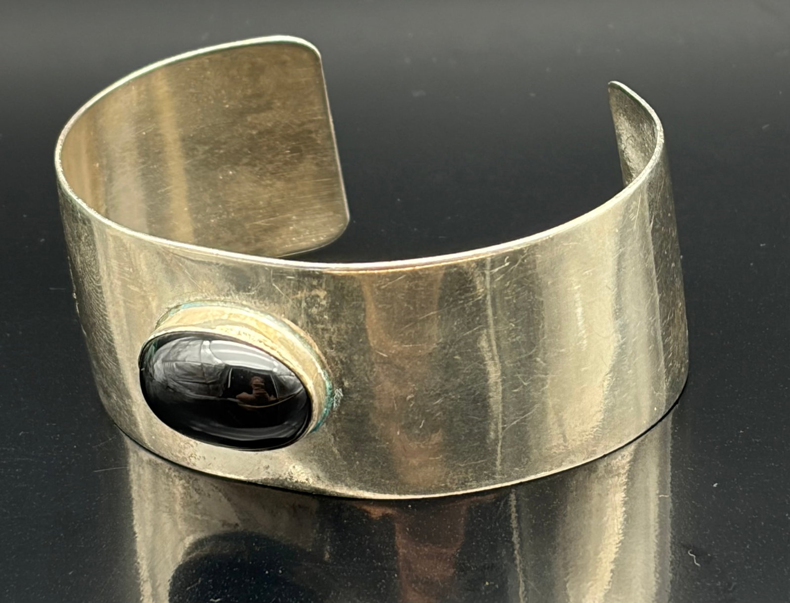 26.0g Sterling Silver Black Onyx Wide Cuff Bracelet Vintage (1 of 6)