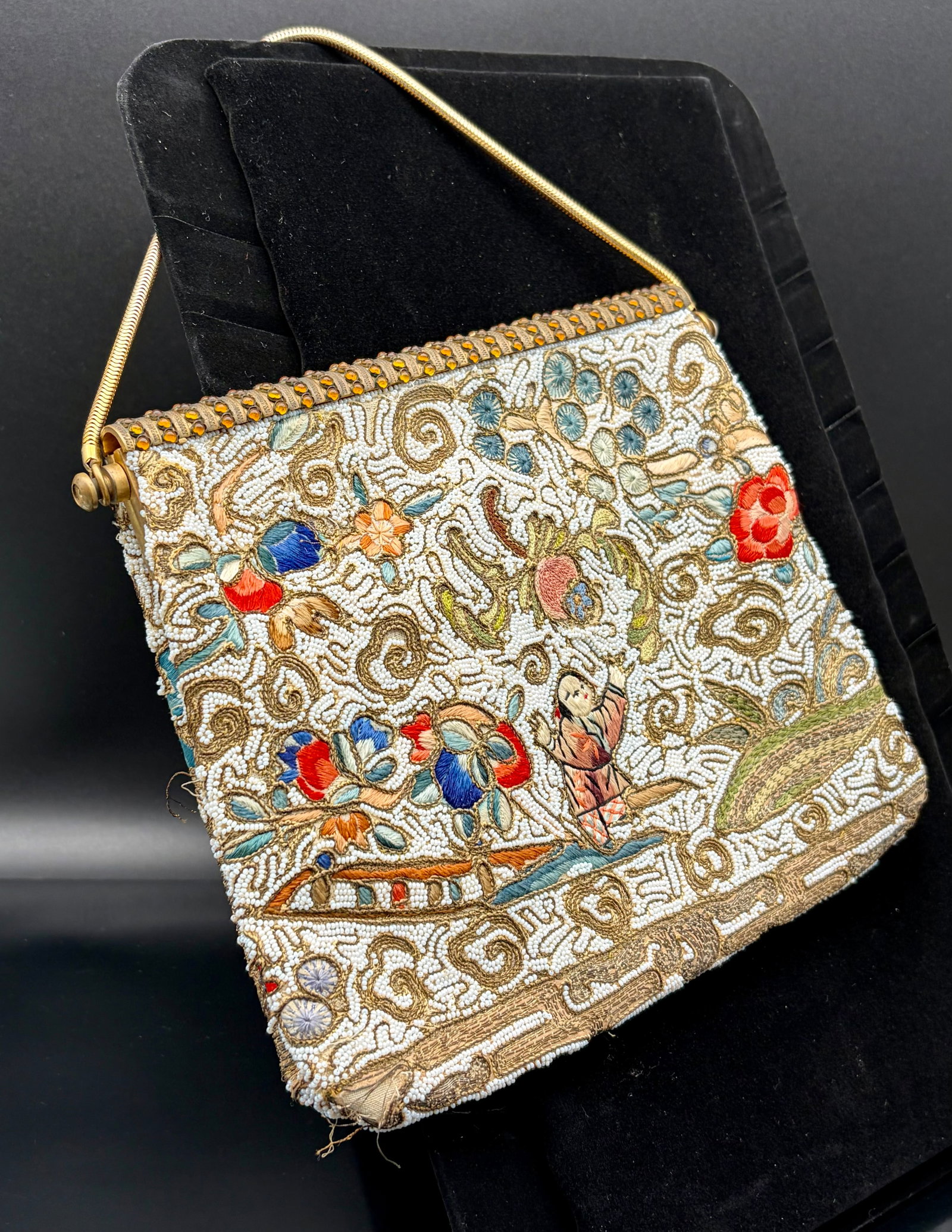 Vintage Beaded Evening Bag Floral Embroidered Purse Amber Rhinestone Frame (1 of 8)