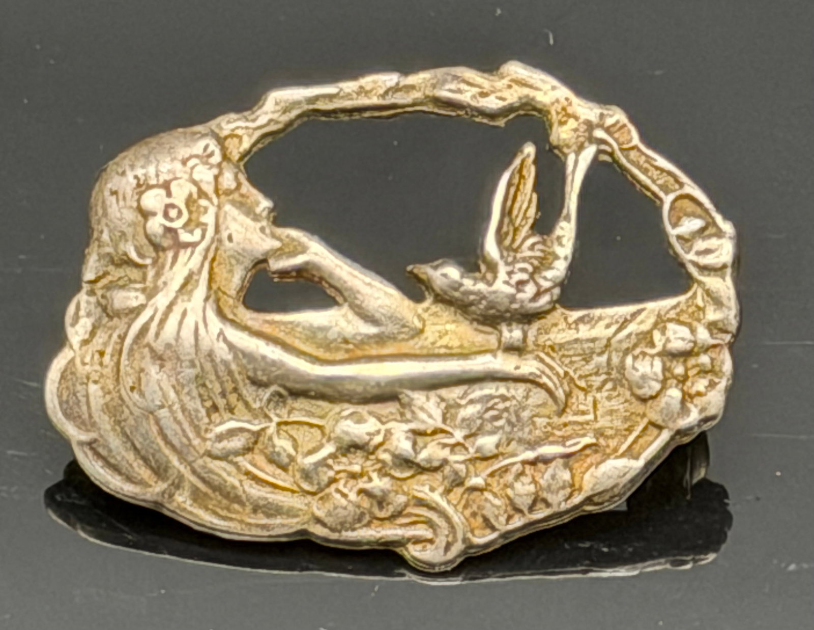 Vintage Art Nouveau Style Sterling Silver Lady & Bird Brooch Pin 925 4g (1 of 4)