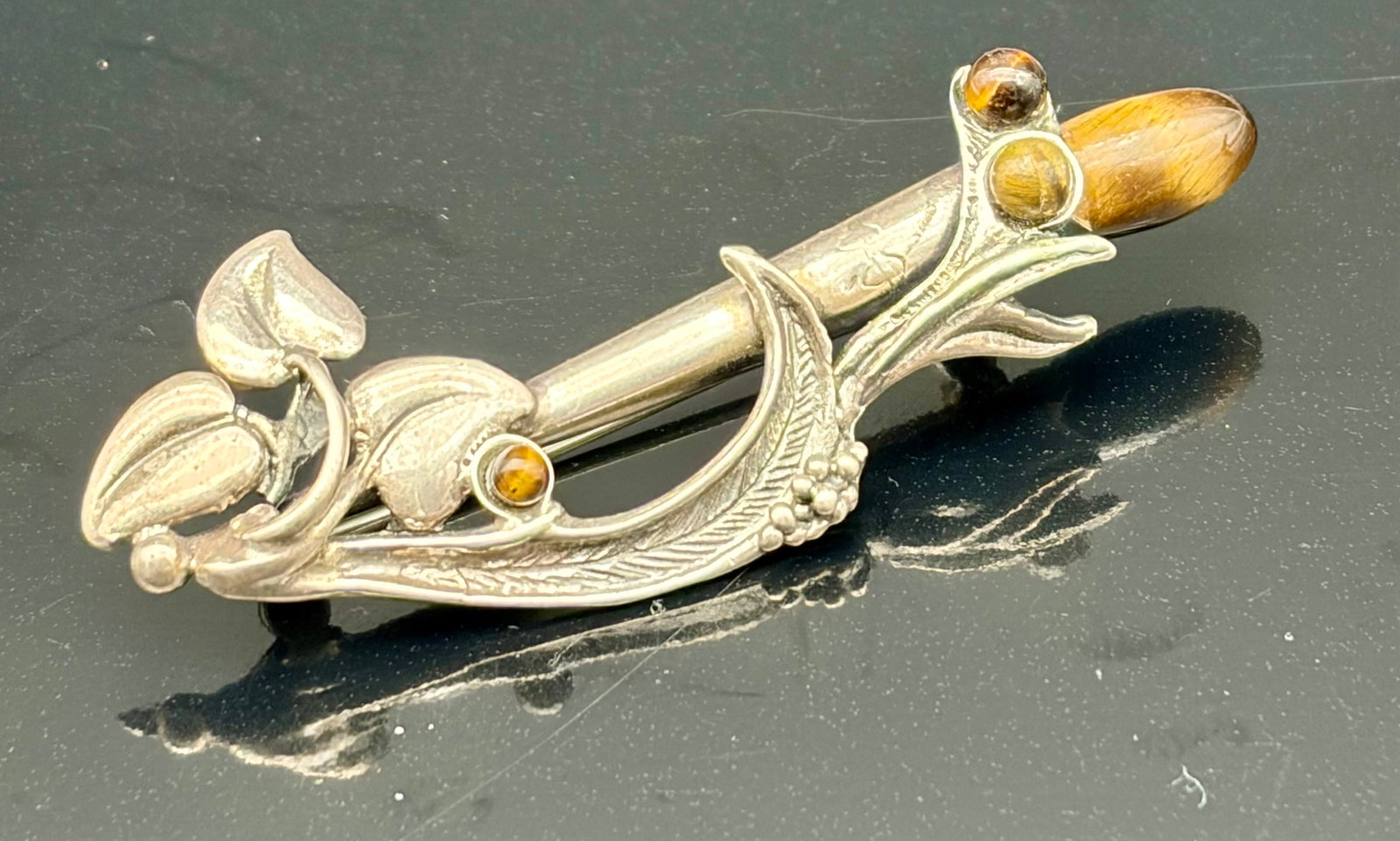 8.4g Sterling Silver Tiger Eye Floral Brooch Pin (1 of 4)