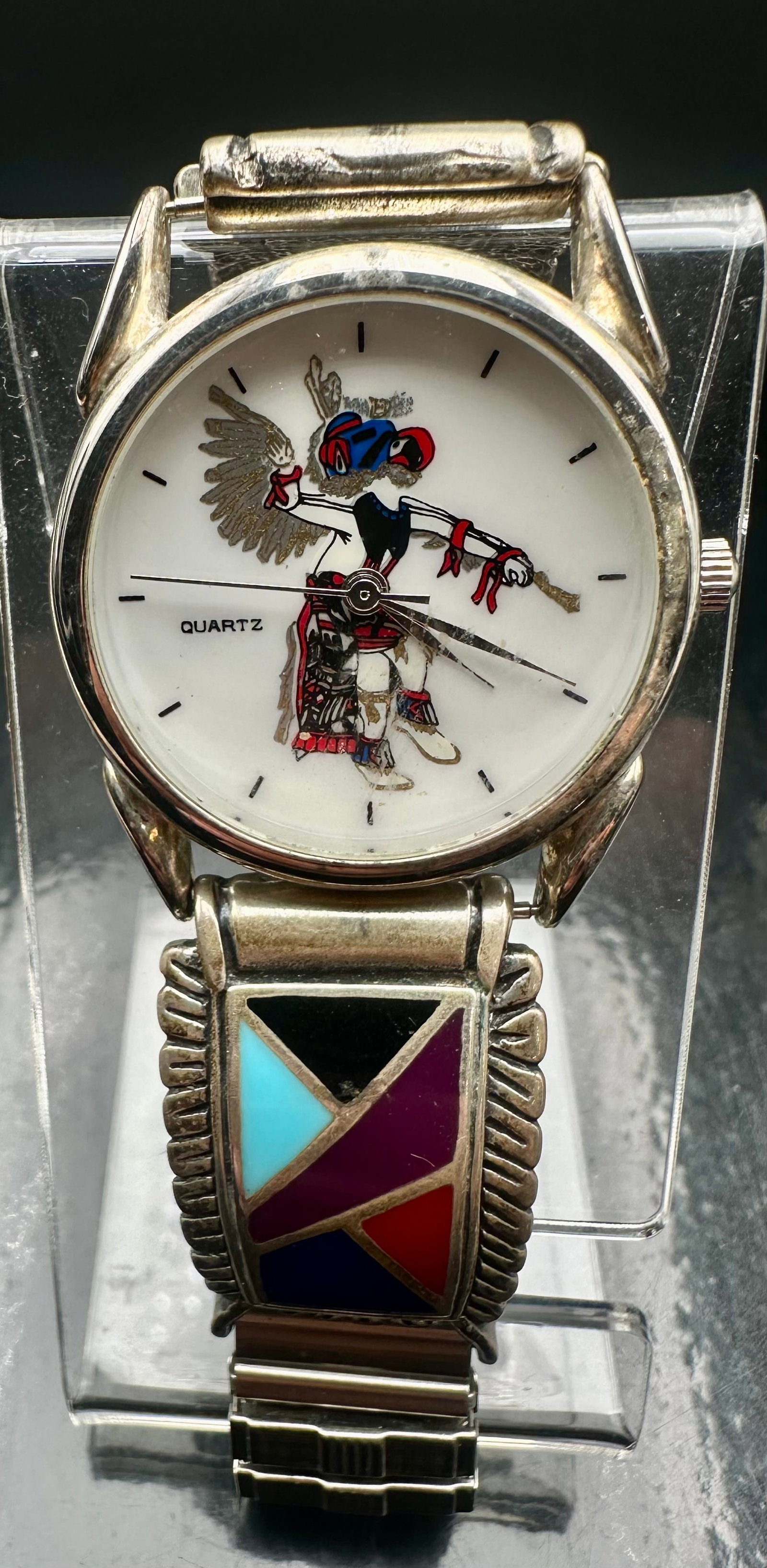 Native USA Sterling Silver Kachina Dancer Quartz Watch Bracelet (1 of 11)
