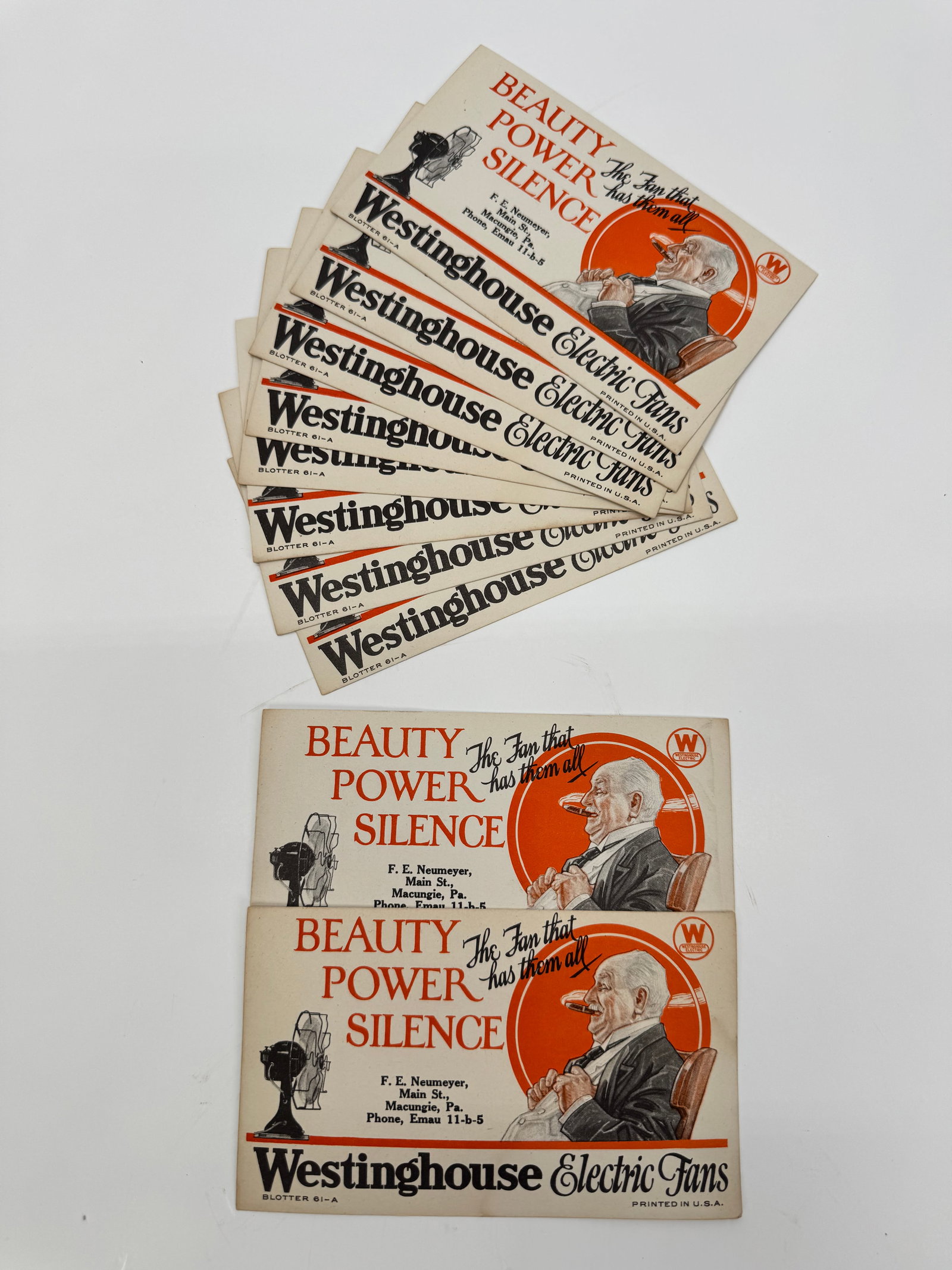 Lot of 10 Vintage Westinghouse Electric Fans Advertising Ink Blotters: Lot of 10 original Westinghouse Electric Fans advertising ink blotters featuring the slogan “Beauty Power Silence – The Fan That Has Them All.” Printed for F. E. Neumeyer of Macungie, Pennsy