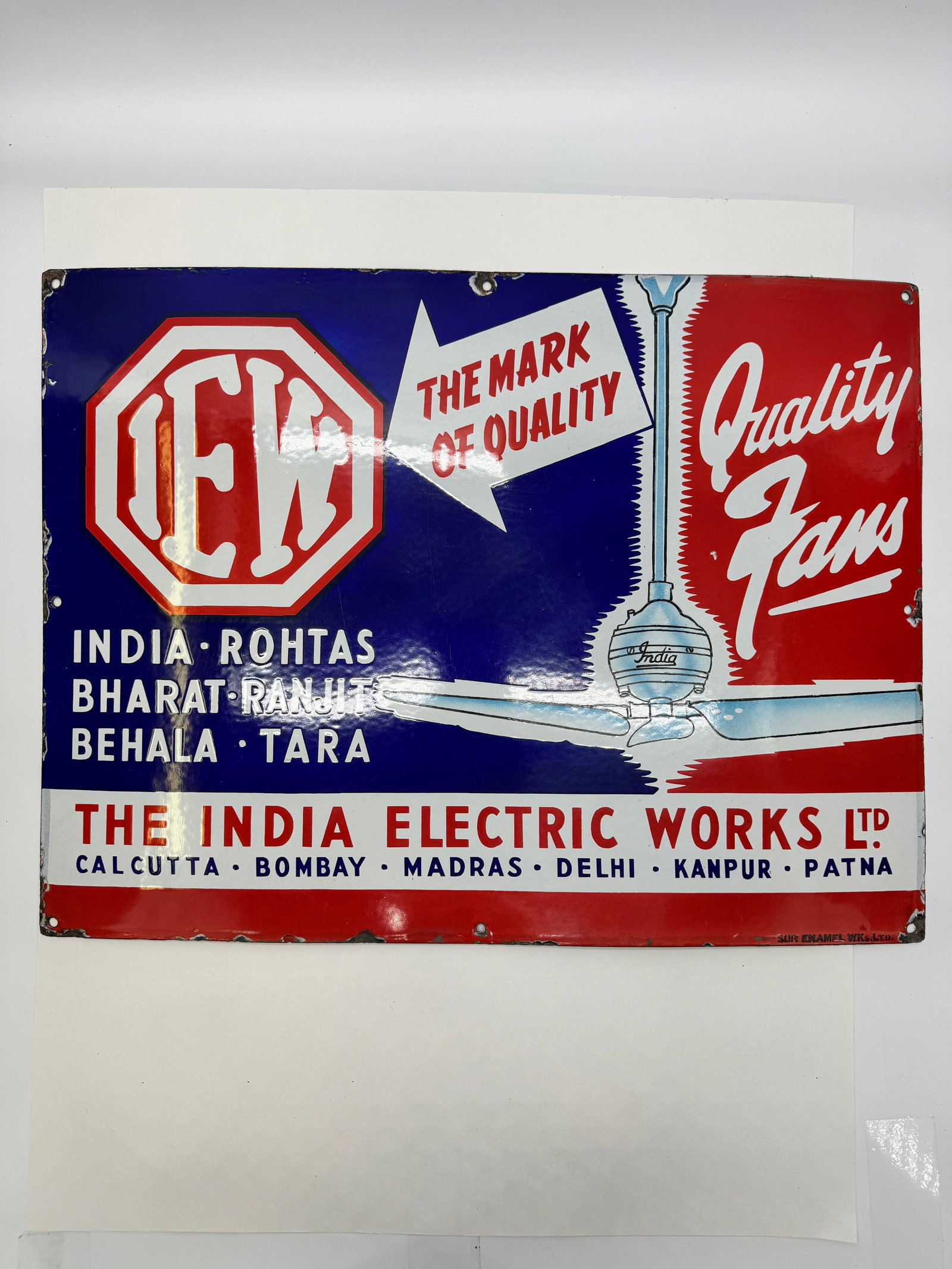 Vintage India Electric Works “Quality Fans” Porcelain Enamel Sign (1 of 6)
