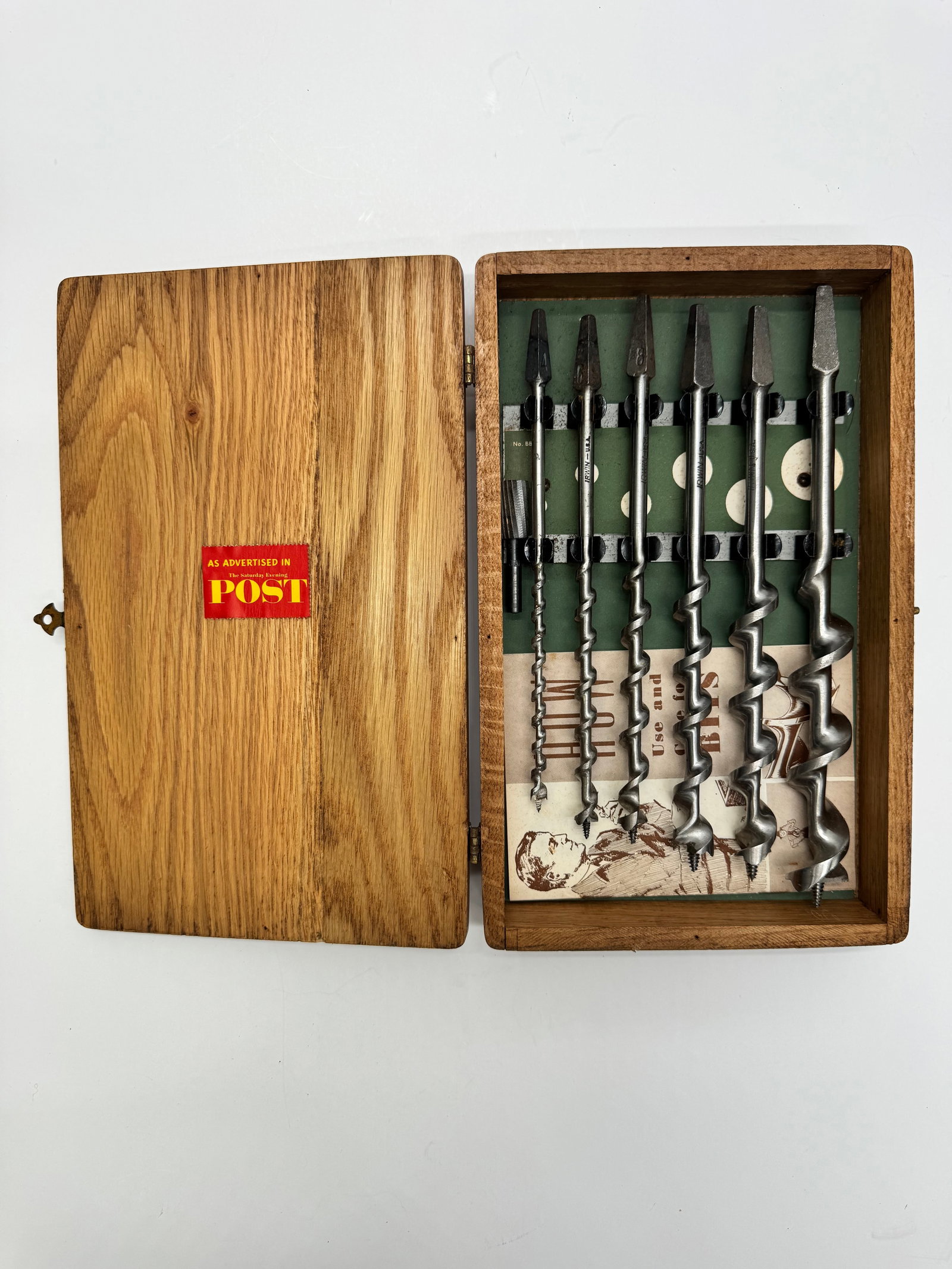 Vintage Irwin USA Auger Bit Set w/ Oak Box: Vintage Irwin U.S.A. Jennings-style auger bit set in the original oak storage box with interior graphics and Saturday Evening Post advertising sticker. Includes six graduated wood-boring bits. Clean v
