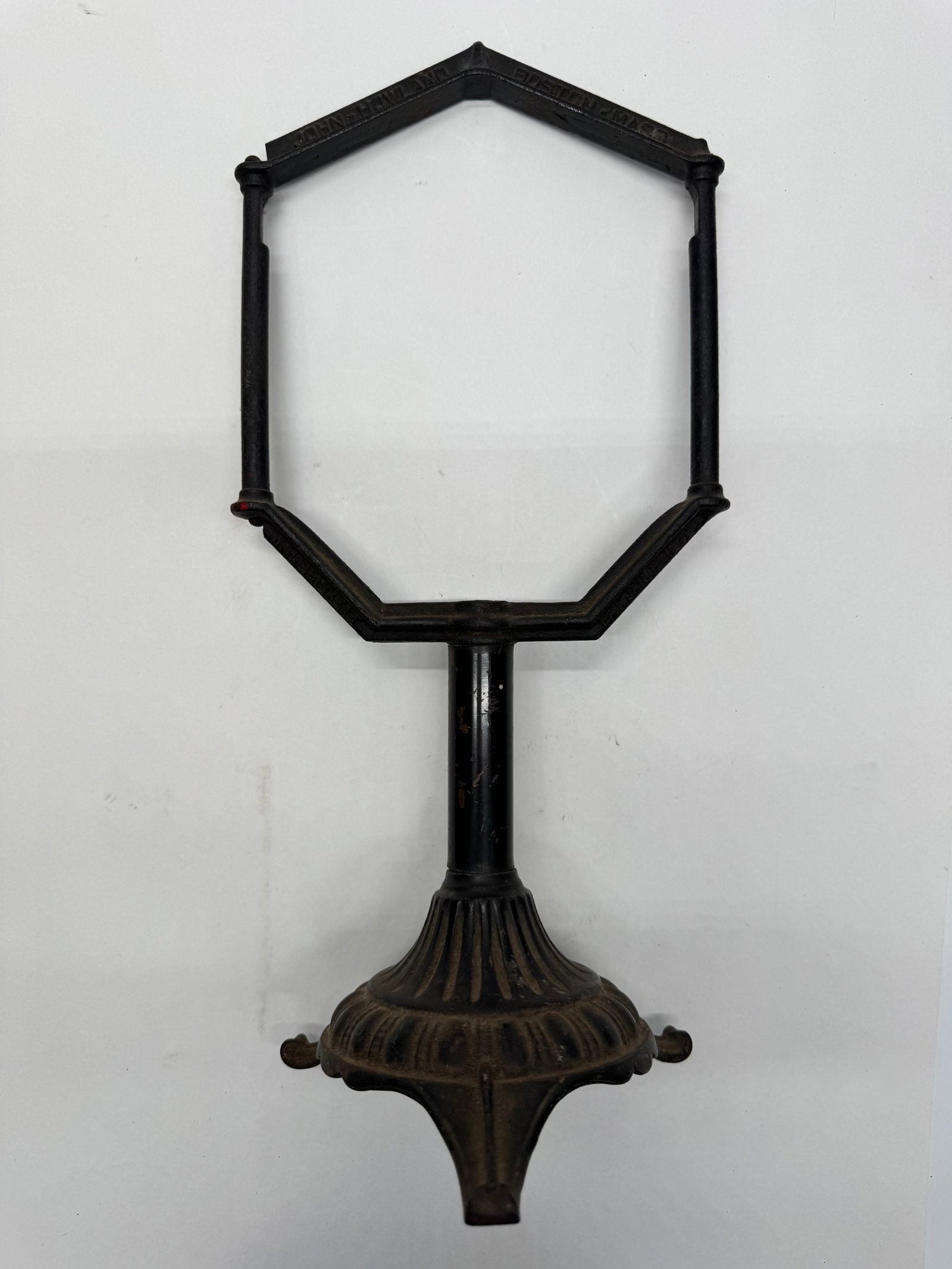 Antique John Simpson Boston Cast Iron Umbrella Stand Frame: Antique cast iron umbrella stand or cane holder frame by John Simpson of Boston, Massachusetts. Features decorative Victorian-style cast iron construction with original foundry mark. Missing interior 